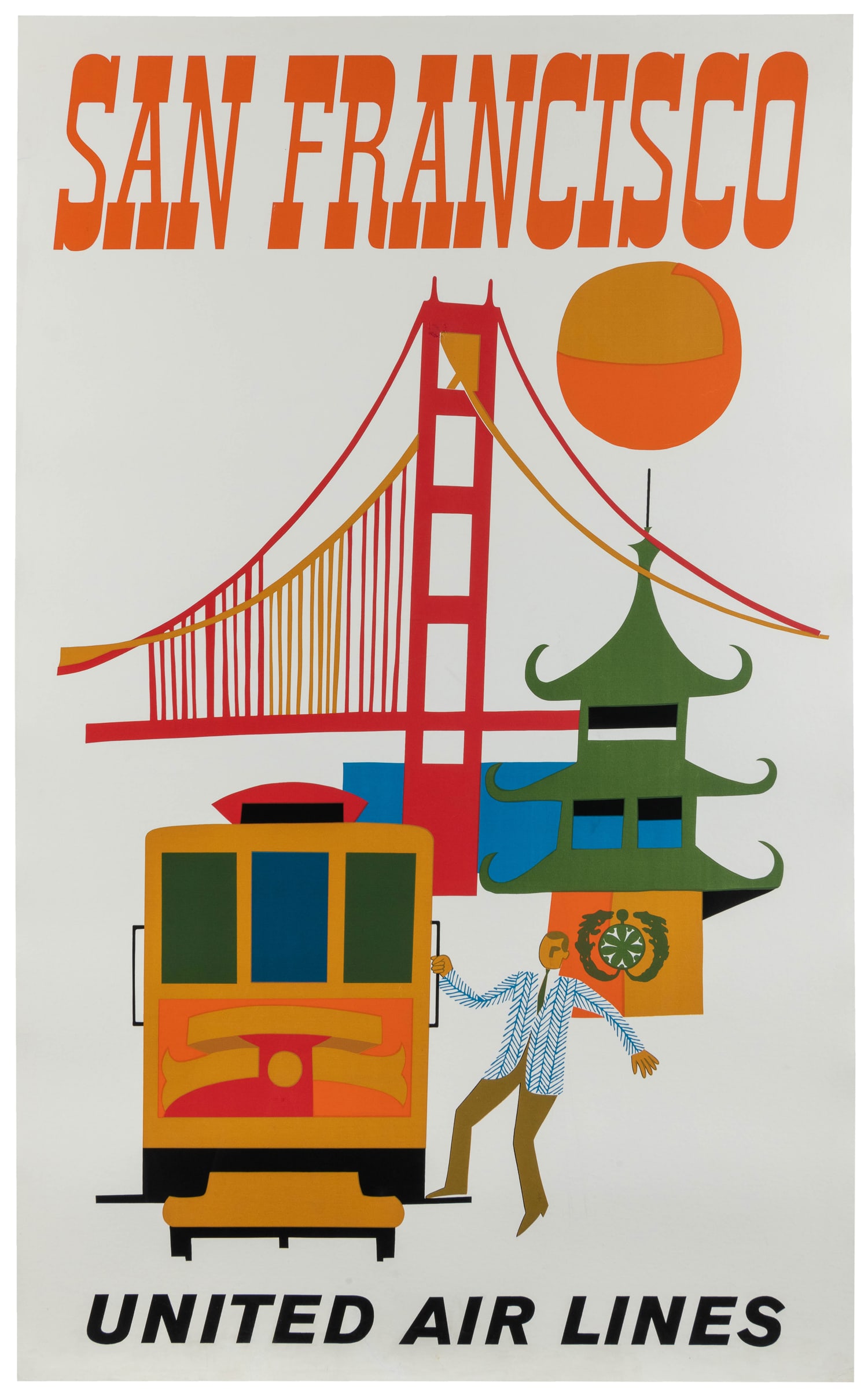 San Francisco / United Air Lines. Circa 1960s.: San Francisco / United Air Lines. 1960s. Color silkscreen travel poster with vignettes of a man riding a cable car with the Golden Gate Bridge and Chinatown in the background. Linen backed. 40 x 24 3/