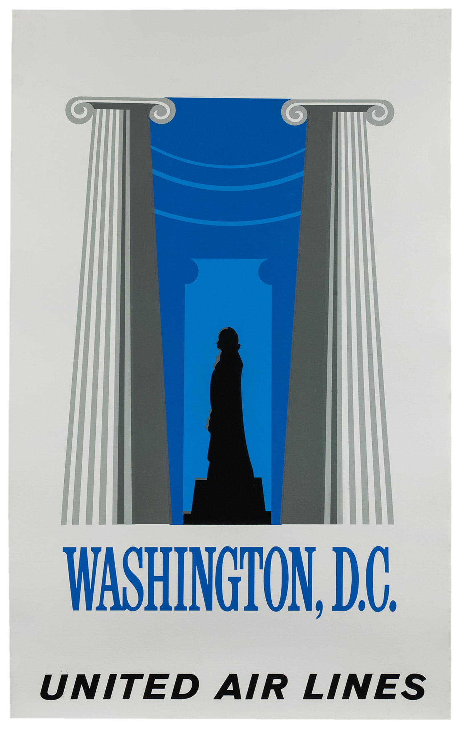 Washington, D.C. / United Air Lines.: Washington, D.C. / United Air Lines. 1960s. Color silkscreen travel poster with a stylized depiction of the Jefferson Memorial, bold blue and black lettering. Linen backed. 40 x 24 3/4".
