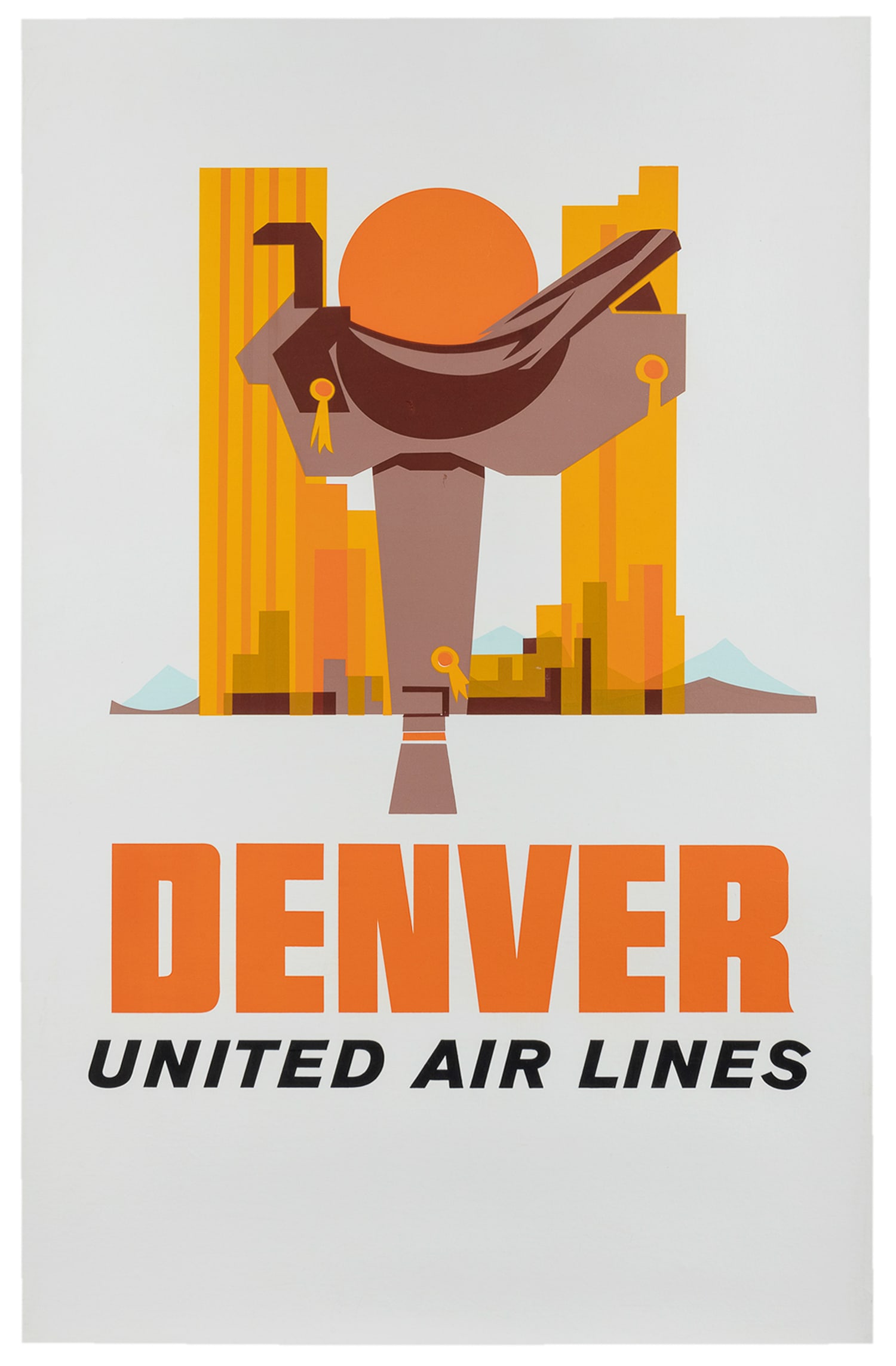 Denver / United Air Lines.: Denver / United Air Lines. Circa 1960s. Color silkscreen travel poster with a mid-century design featuring the city skyline, mountains, and a saddle. Linen backed. 39 1/2 x 25 1/8".