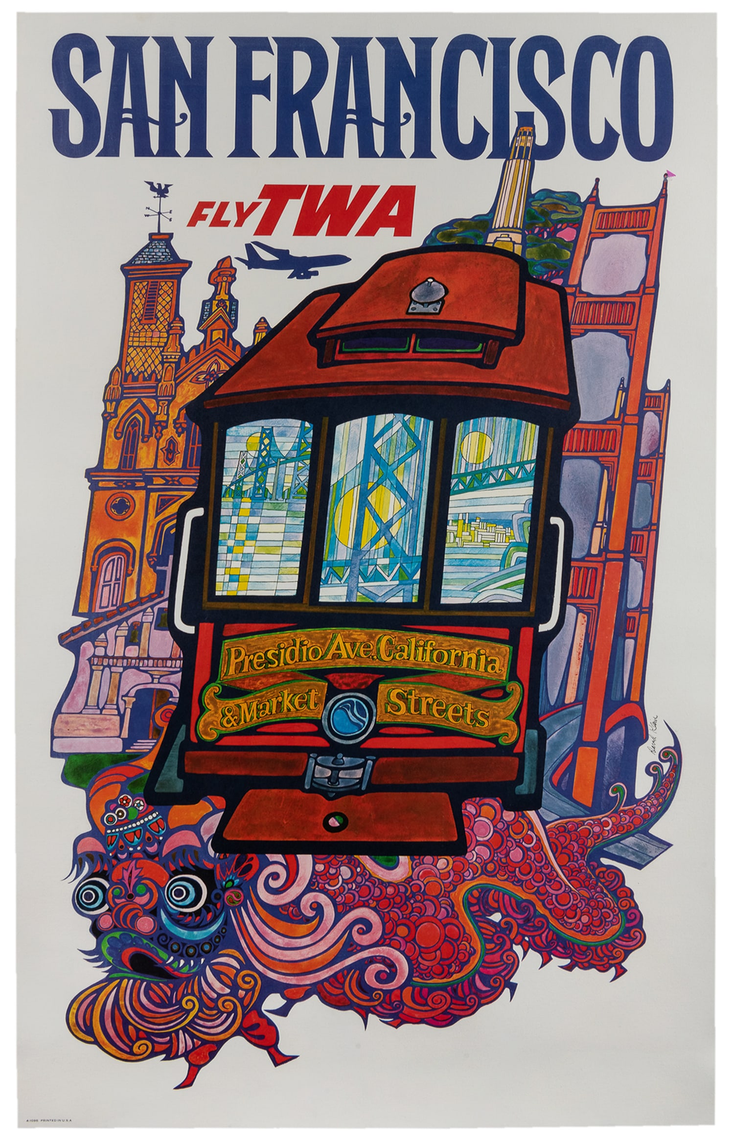 KLEIN, David (American, 1918‚Äì2005). San Francisco. Fly TWA.: KLEIN, David (American, 1918–2005). San Francisco. Fly TWA. Circa 1960s. A travel poster depicting a cable car floating above a Chinese dragon with the Golden Gate Bridge in the background.