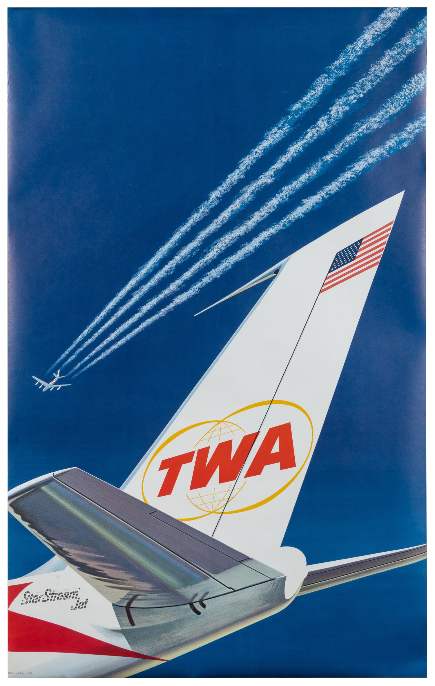 TWA / Star Stream Jet. Circa 1959.: TWA / Star Stream Jet. Circa 1959. Poster depicting the tail end of a TWA Star Stream Jet airplane. Paper. 40 x 25". 