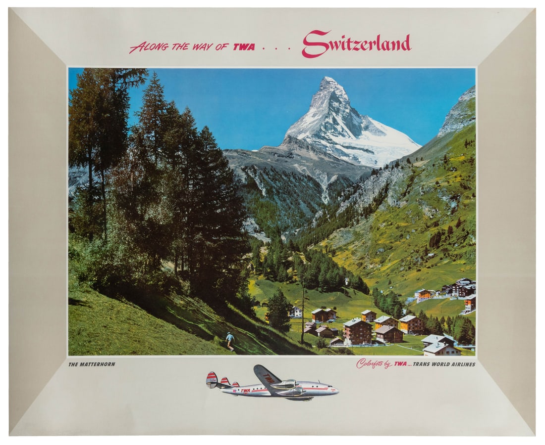 Along the Way of TWA / Switzerland.: Along the Way of TWA / Switzerland. Circa 1950s. Travel poster with a phot of The Matterhorn. Linen backed. 28 1/4 x 34 1/2".