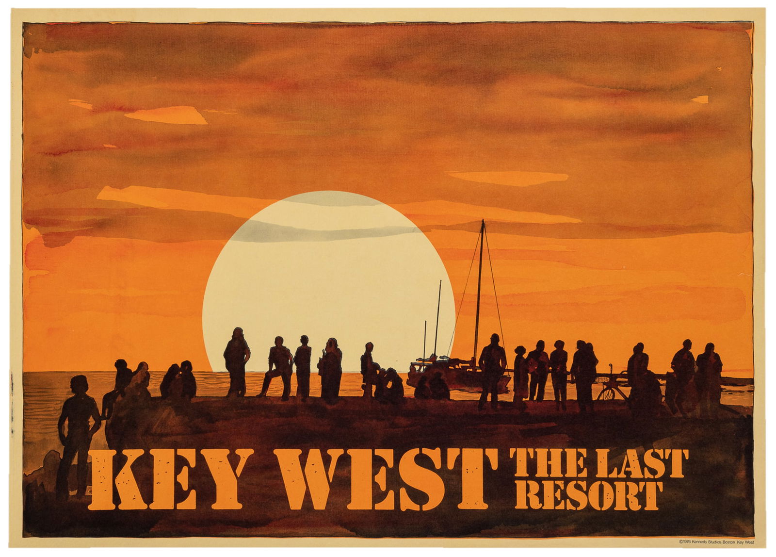 KENNEDY, Robert E. Key West / The Last Resort. 1976.: KENNEDY, Robert E. Key West / The Last Resort. 1976. Boston: Kennedy Studios. Silhouetted figures seen gazing at the Key West sunset along the beach. 22 x 30”. Linen backed. A. 