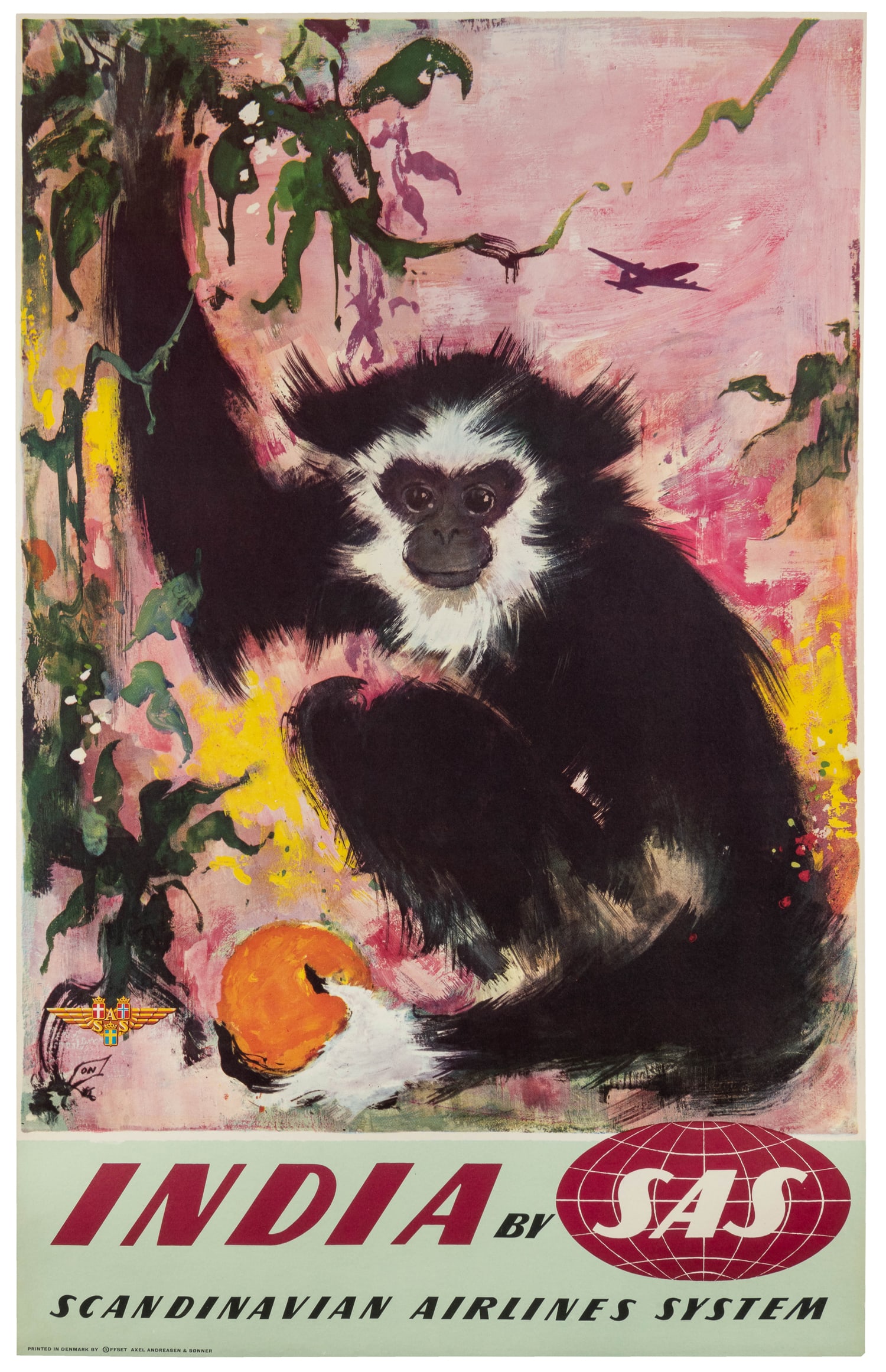 Nielsen, Otto (Danish, 1916-2000). India / Scandinavian Airlines System.: Nielsen, Otto (Danish, 1916-2000). India / Scandinavian Airlines System. Denmark: Axel Andreasen & Sonner, ca. 1960s. Travel poster with an illustration of a gibbon. Linen backed. 38 7/8 x