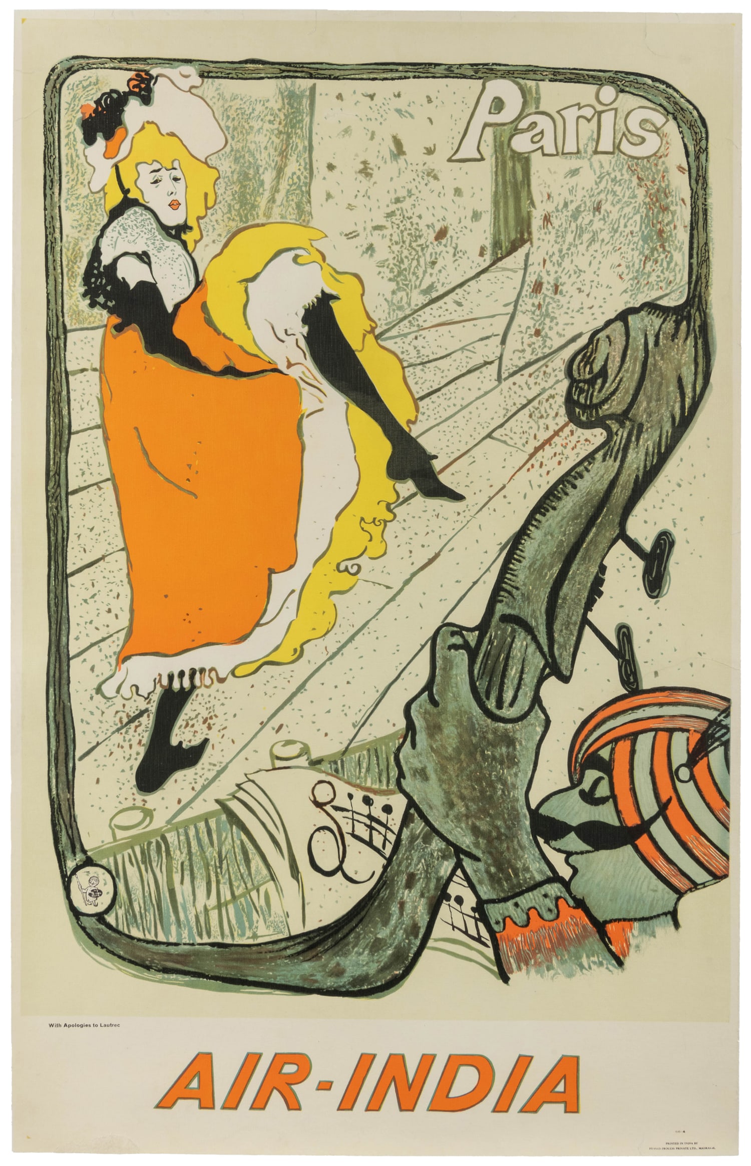 Paris / Air India.: Paris / Air India. Madras: Prasad Process, ca. 1966. Offset lithograph airline poster with an illustration, "With Apologies to Lautrec," based on Lautrec's poster Jane