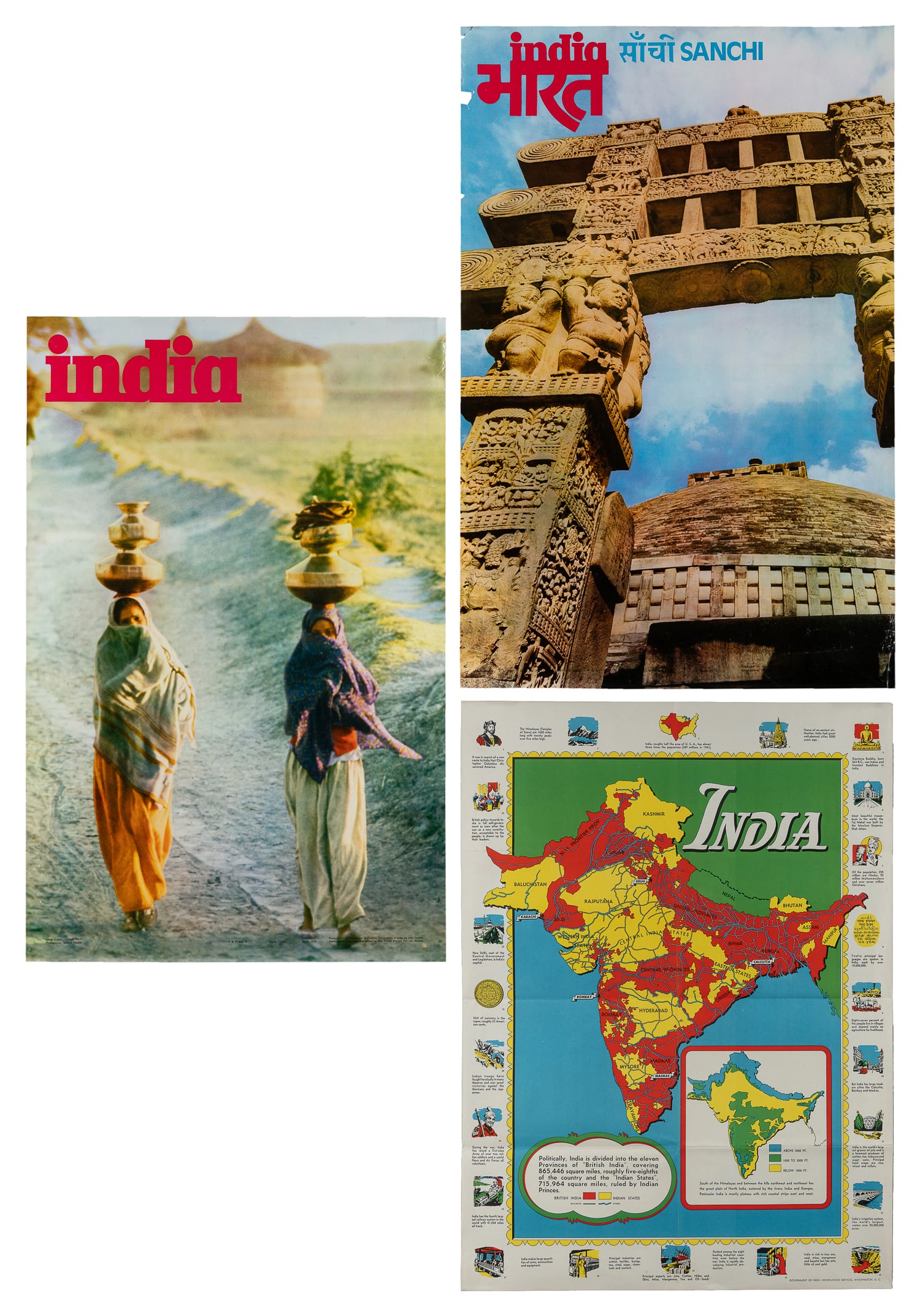 India. Group of 3 vintage tourism posters.: India. Group of 3 vintage tourism posters. Three posters, including: India. Government of India Information Services, Washington, ca. 1960s. Color poster map of India with "British Indi