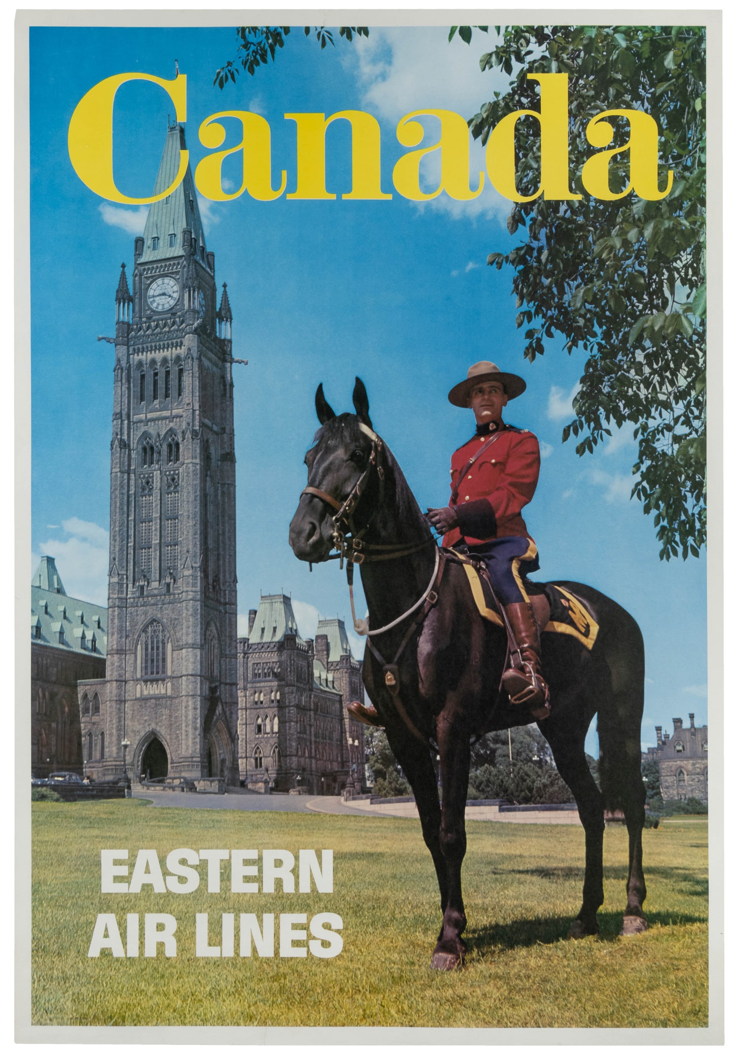 Canada / Eastern Air Lines.: Canada / Eastern Air Lines. Circa 1960s. Photo-offset airline poster depicting a Mountie outside the Parliament of Canada. Linen backed. 40 x 27 1/2"