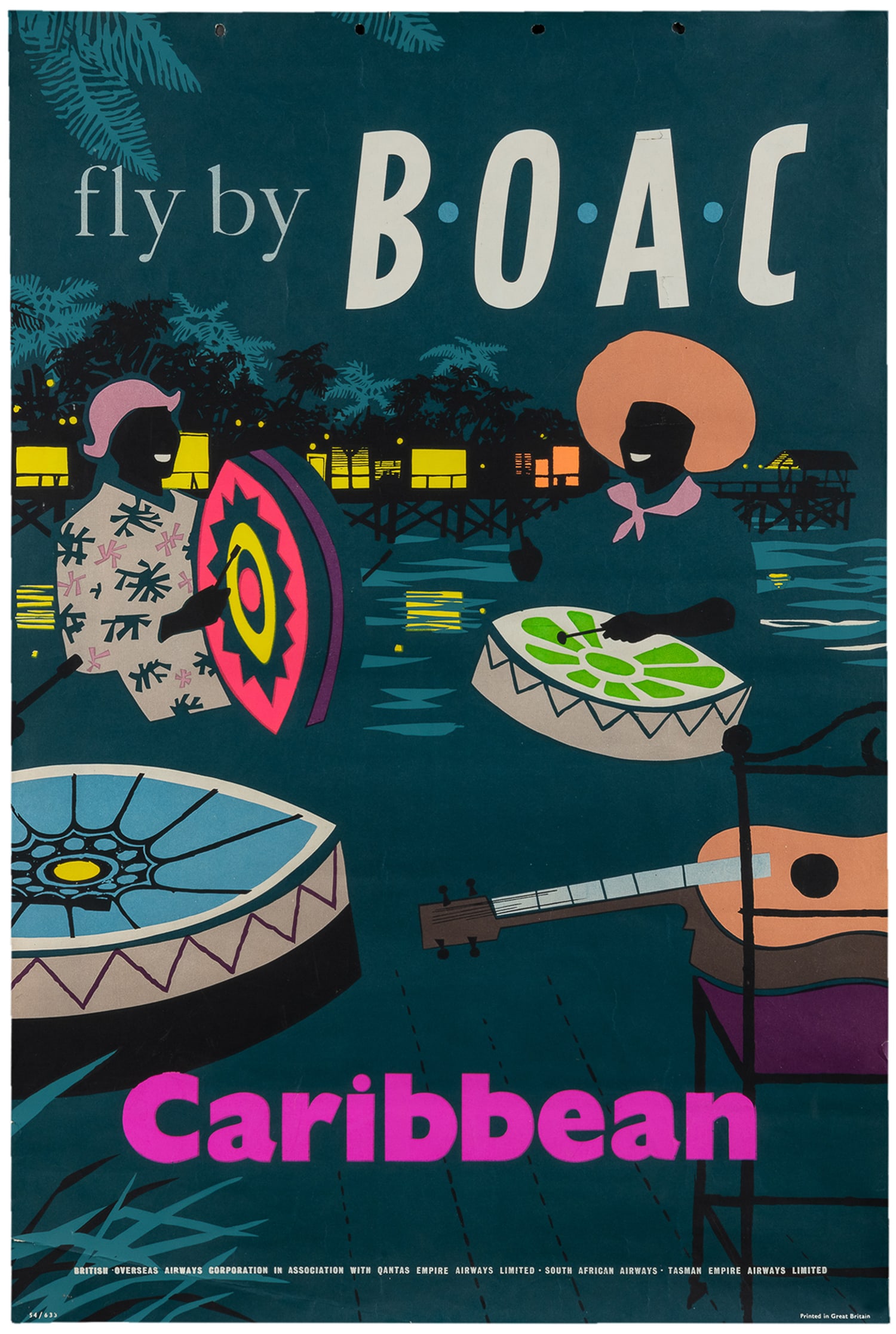 Fly by BOAC / Caribbean.: Fly by BOAC / Caribbean. Circa 1960s. Vividly printed airline poster with an illustration of musicians and overwater bungalows in the background.Paper. 30 x 20".