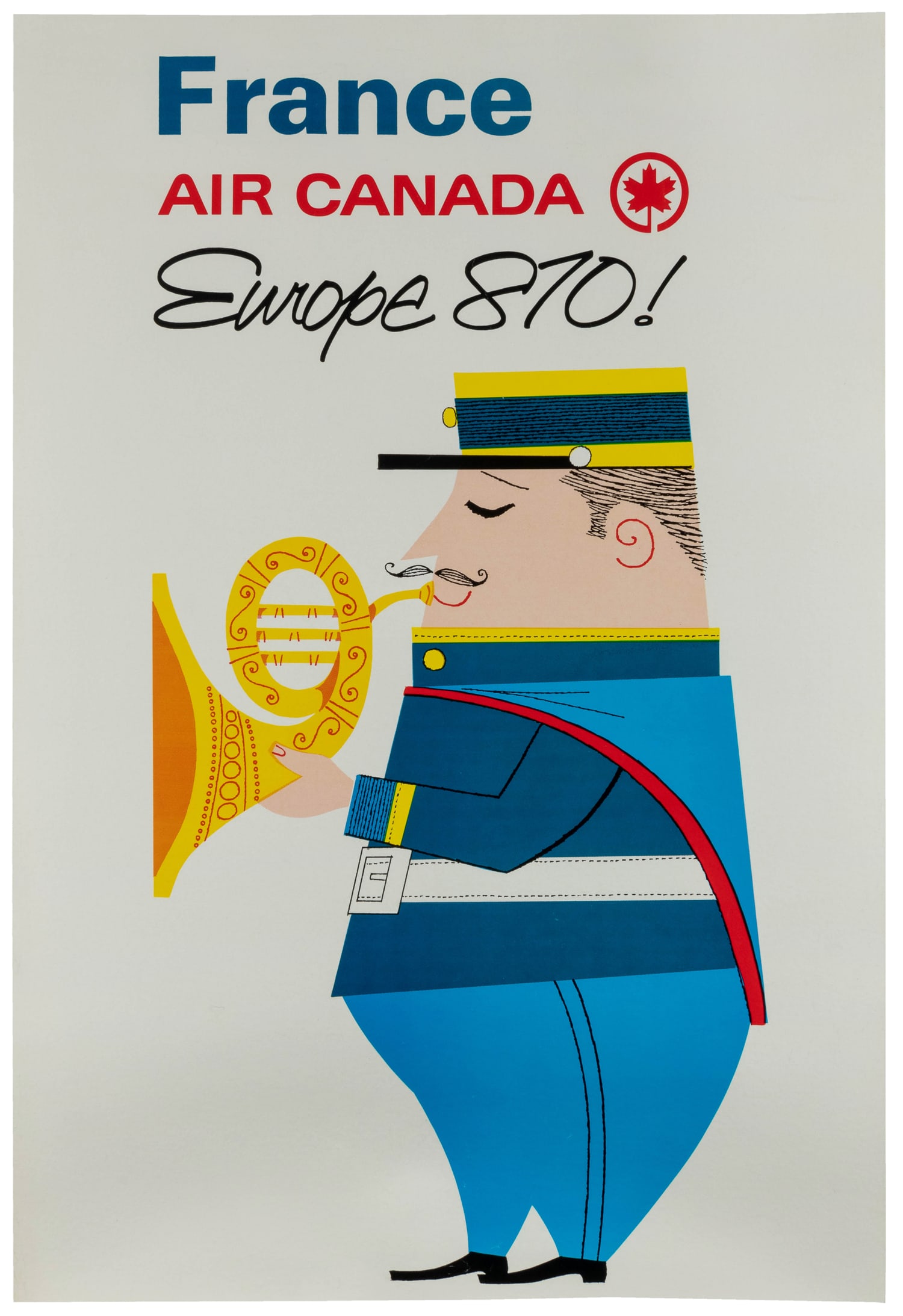 France / Air Canada. Circa 1960s.: France / Air Canada. Circa 1965. Poster advertising Air Canada's "Europe 870" which introduced daily service from Montreal to Paris. Linen backed. 29 1/4 x 20".