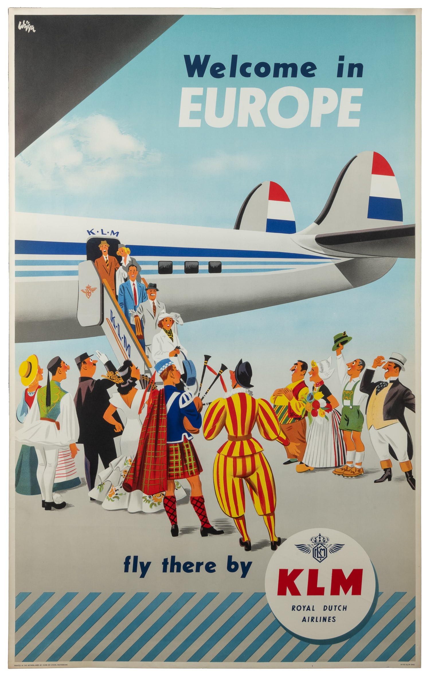 WIJGA, Jan (1902 - 1978). Welcome in Europe / KLM.: WIJGA, Jan (1902 – 1978). Welcome in Europe / KLM. Rotterdam: Kuhn en Zoon, ca. 1955. Offset lithograph travel poster with an illustration of tourists deboarding, greeted by Europeans in traditi