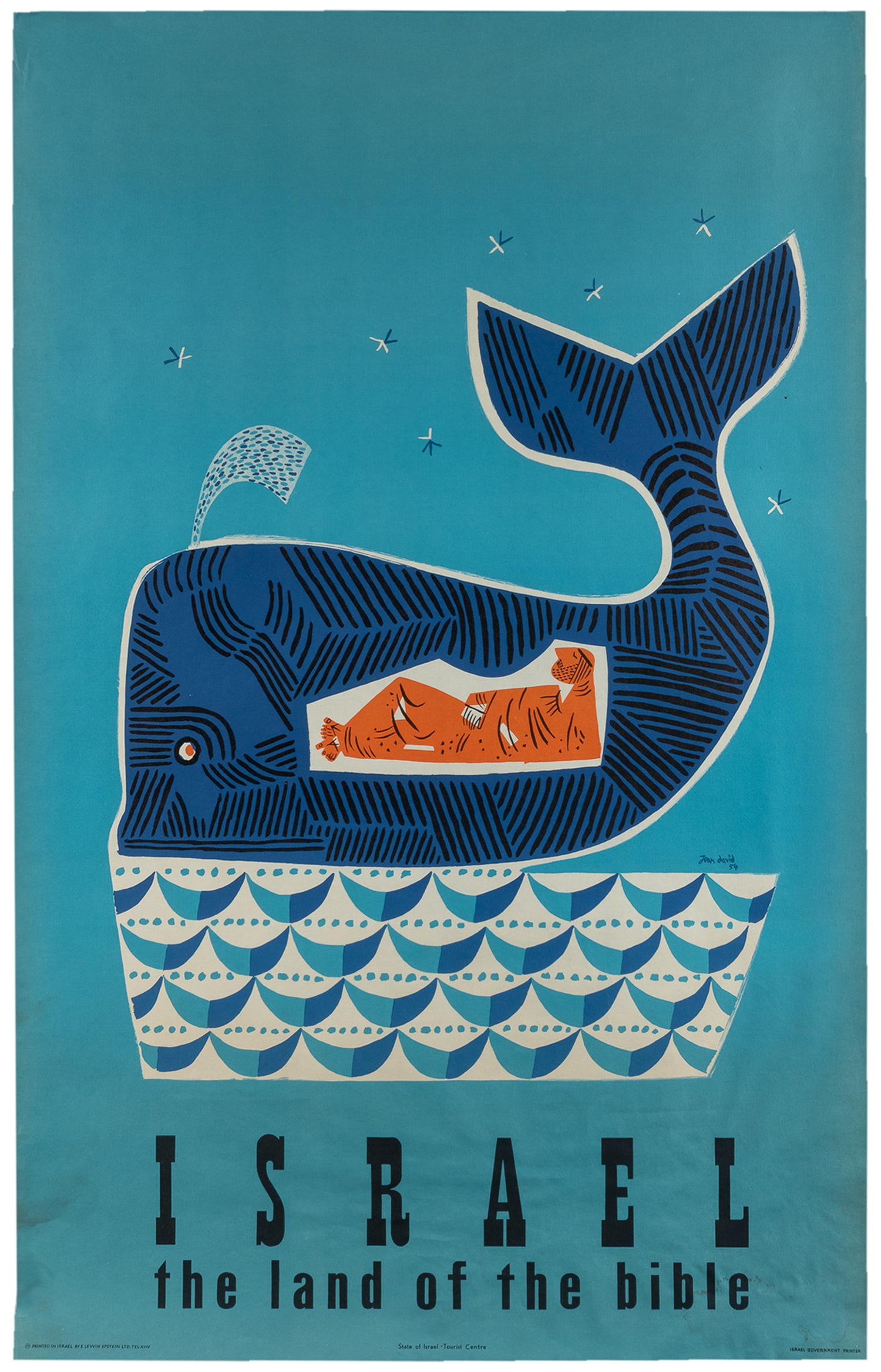 DAVID, Jean (1908 ‚Äì 1993).¬†Israel / The Land of the Bible. 1954.¬: DAVID, Jean (1908 – 1993). Israel / The Land of the Bible. 1954. Tel Aviv: Lewin Epstein Ltd. Offset lithograph tourism poster issued by the State of Israel Tourist