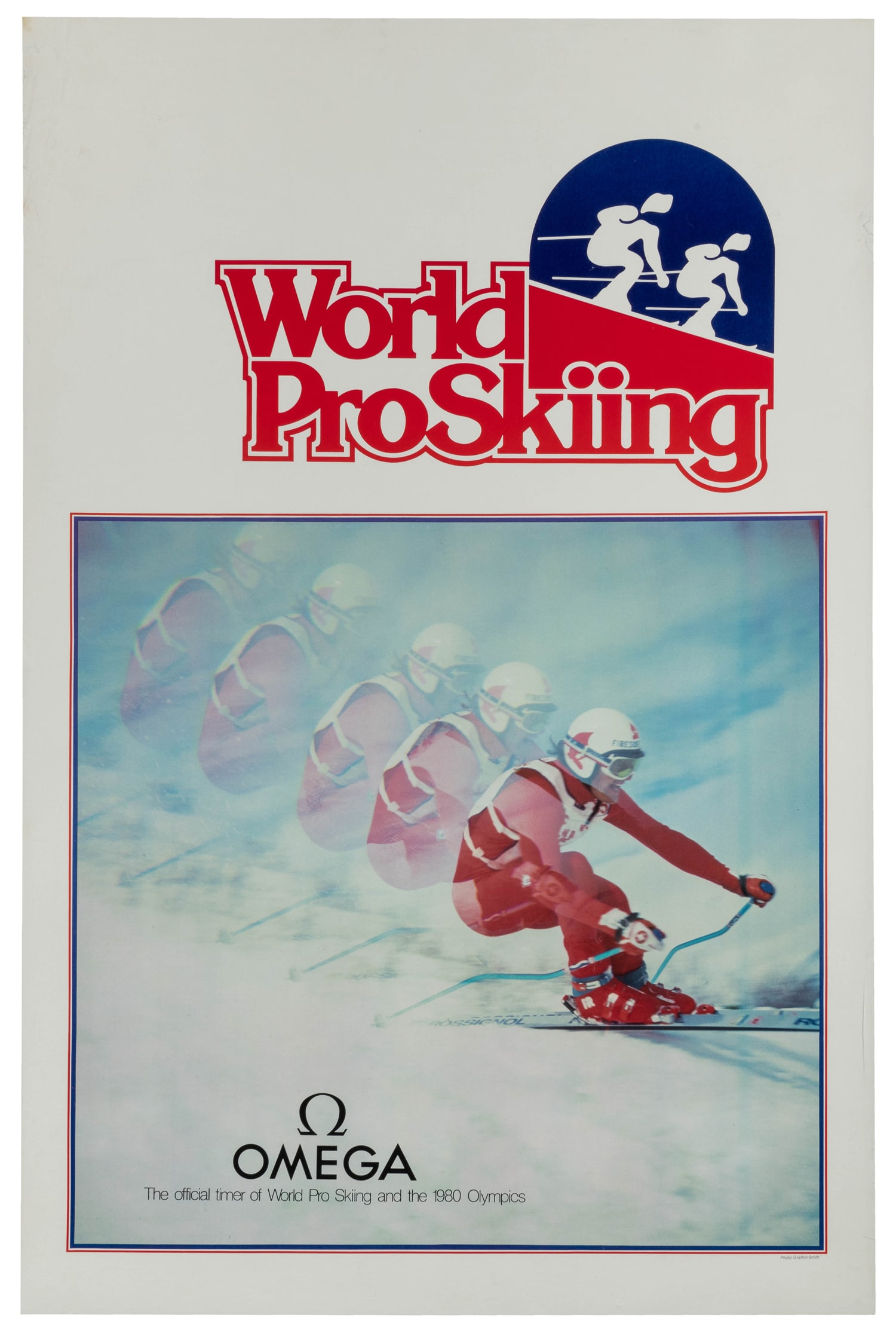 World Pro Skiing / Omega.: World Pro Skiing / Omega. Circa 1980. Ski poster, with a photo by Grafton Smith, advertising Omega as the official timer of World Pro Skiing and the 1980 Olympics. Linen backed. 34 x 22