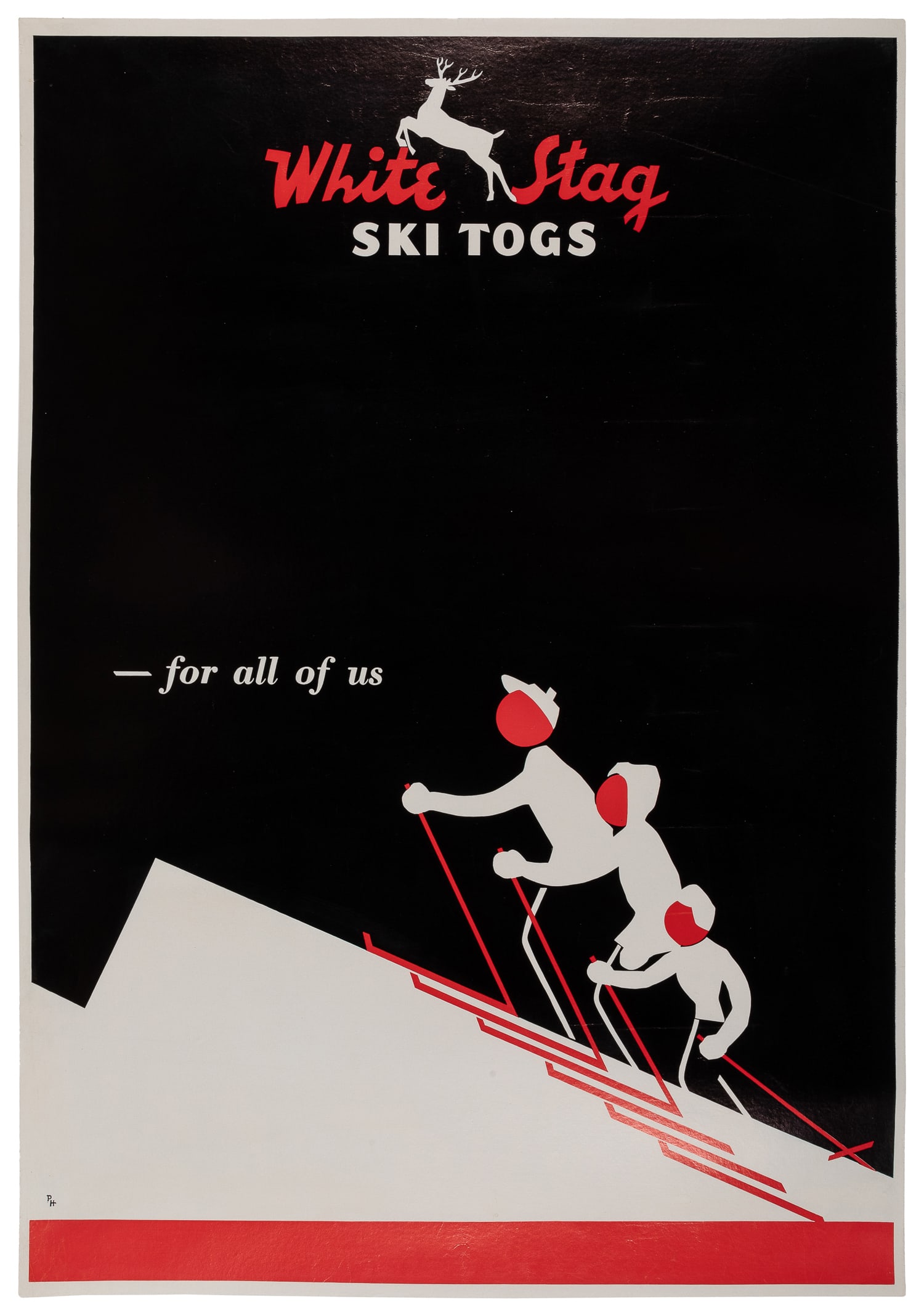 White Stag Ski Togs / For All of Us.: White Stag Ski Togs / For All of Us. Circa 1950s. Monogrammed PH lower left.Linen backed. 34 ¾ x 23 ½". Linen backed. 