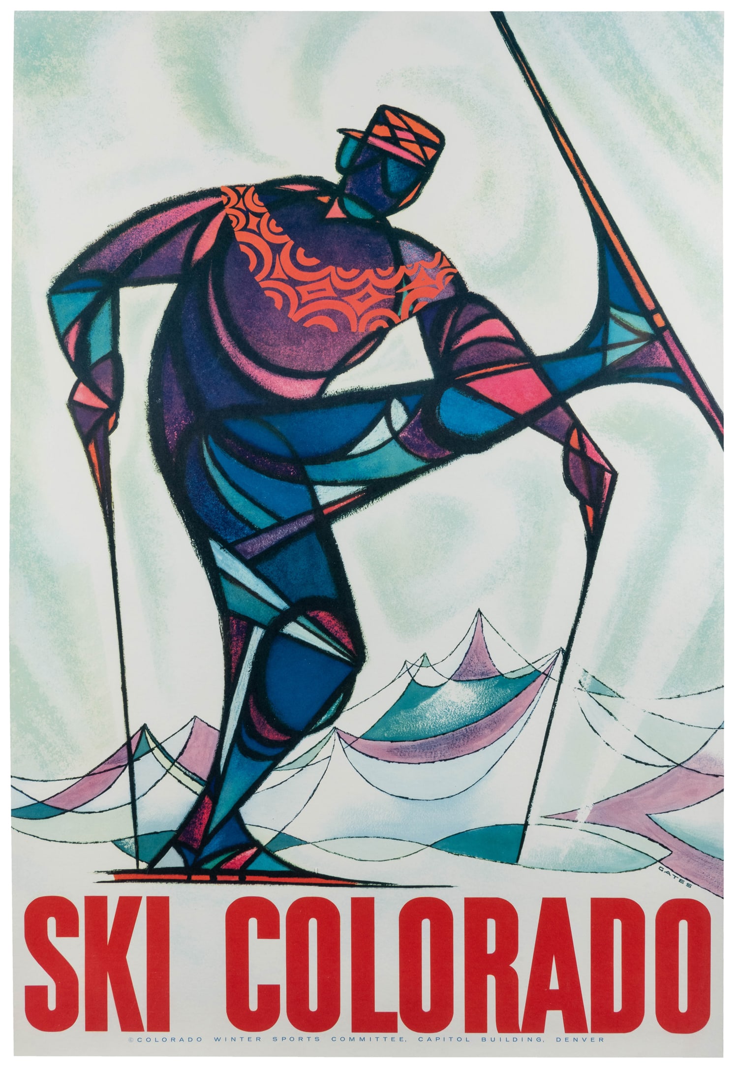 GATES, Red. Ski Colorado. Circa 1957.: GATES, Red. Ski Colorado. Circa 1957. Offset lithograph ski tourism poster, published by the Colorado Winter Sports Committee, Denver. One of at least two mid-century Colorado ski posters