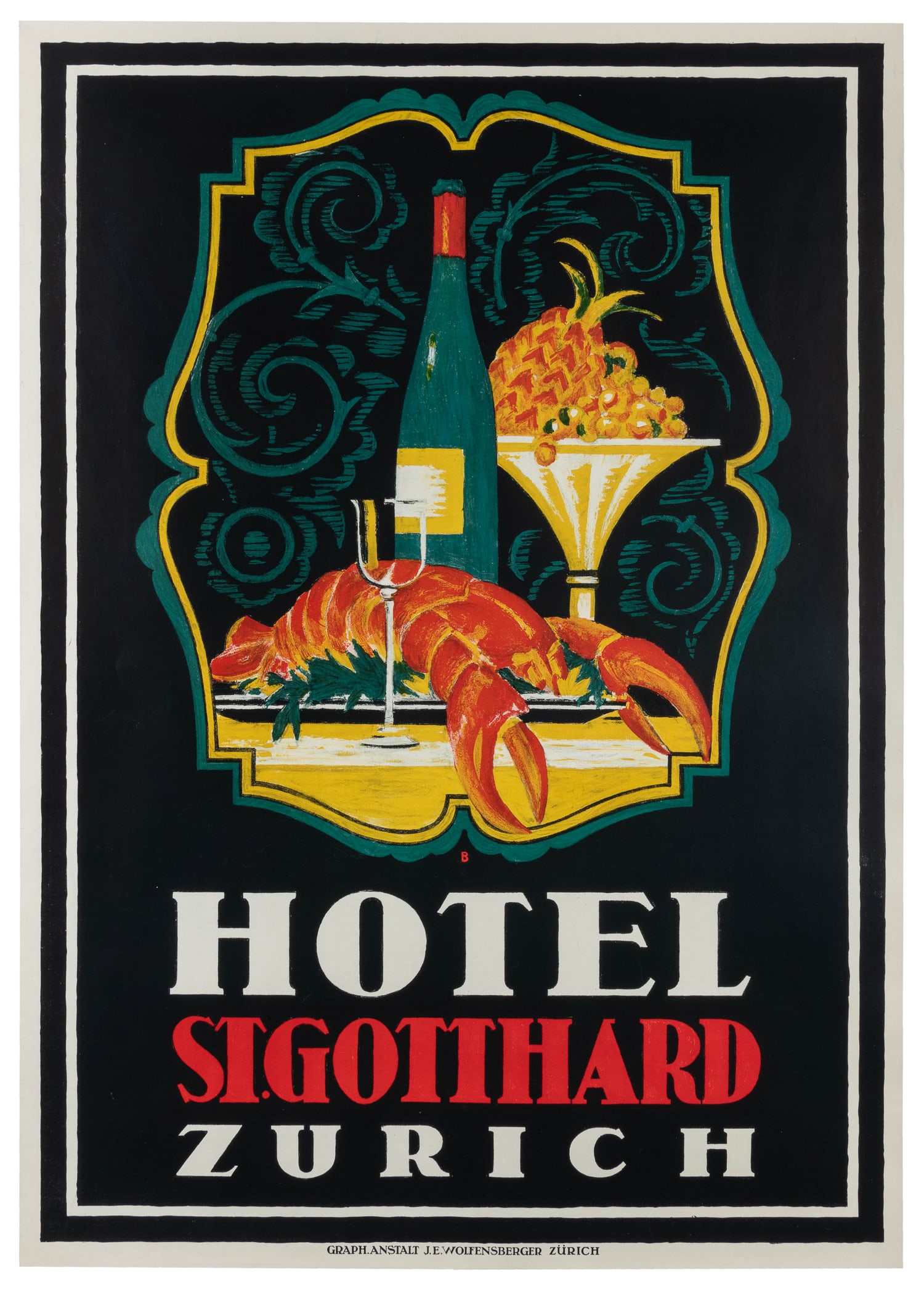 BAUMBERGER, Otto (1889-1961). Hotel St. Gotthard. Zurich. J.E. Wolfensberger, Z‚àö: BAUMBERGER, Otto (1889-1961). Hotel St. Gotthard. Zurich. J.E. Wolfensberger, Zürich. Switzerland, 1917. Original color lithograph of an extravagant tablescape featuring lobster, wine, and