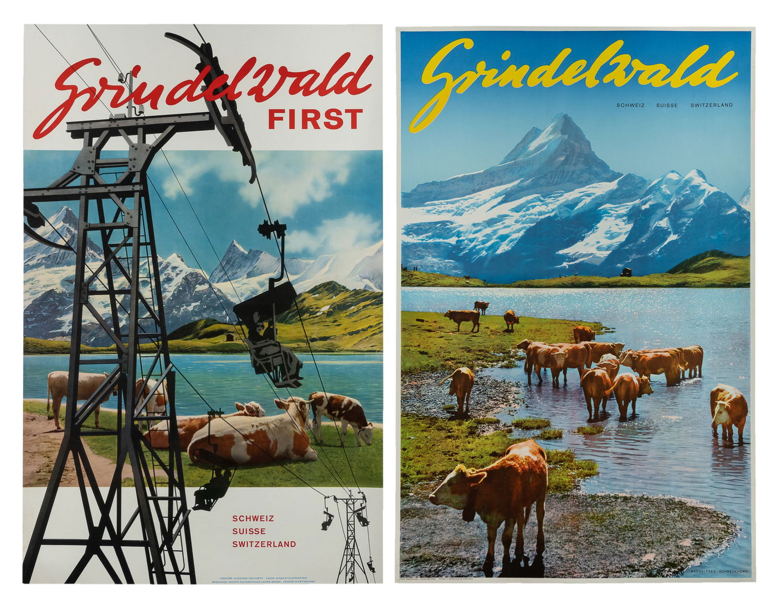 Grindelwald First / Switzerland. Two posters.: Grindelwald First / Switzerland. Two posters. Switzerland, ca. 1960s. Two photo-offset travel posters, one designed by Fluckiger / Bocchetti after a photo by Gyger and Klopfenstein; the second af