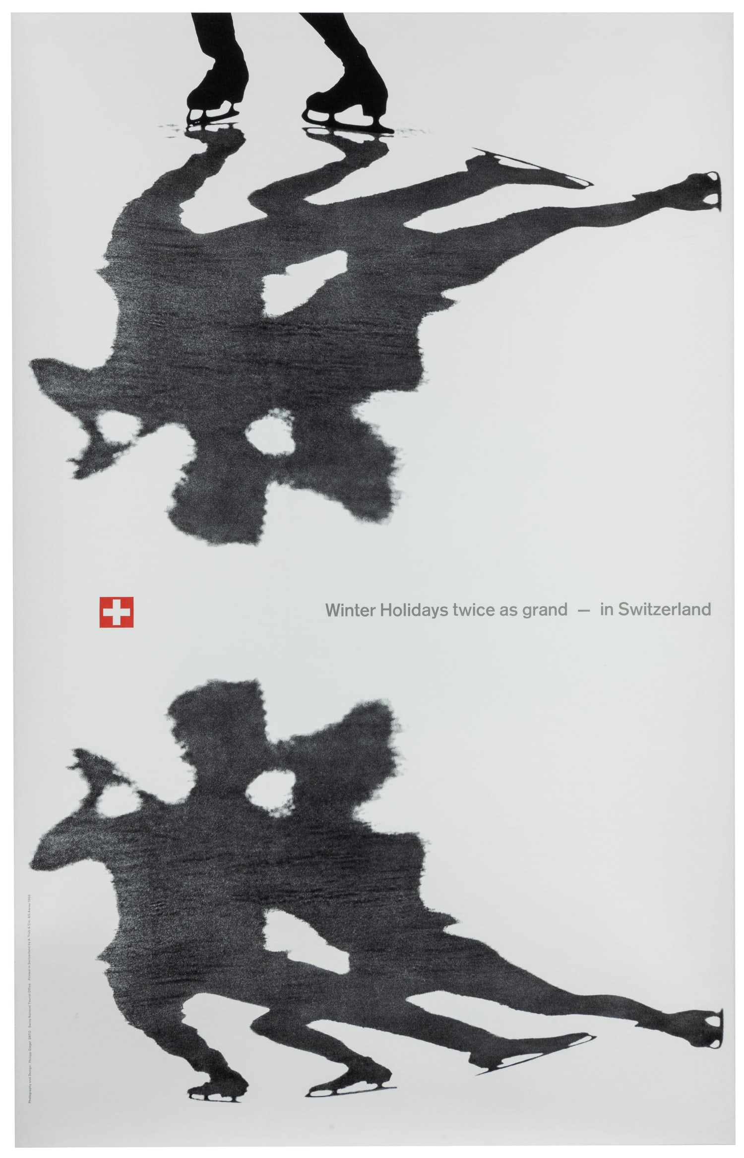 GIEGEL, Philipp (1927-1997). Winter Holidays twice as grand ‚Äì in Switzerland.: GIEGEL, Philipp (1927-1997). Winter Holidays twice as grand – in Switzerland. Switzerland: Swiss National Tourist Office, ca. Printed in 1966, ice skating pair mirrored to promote travel to