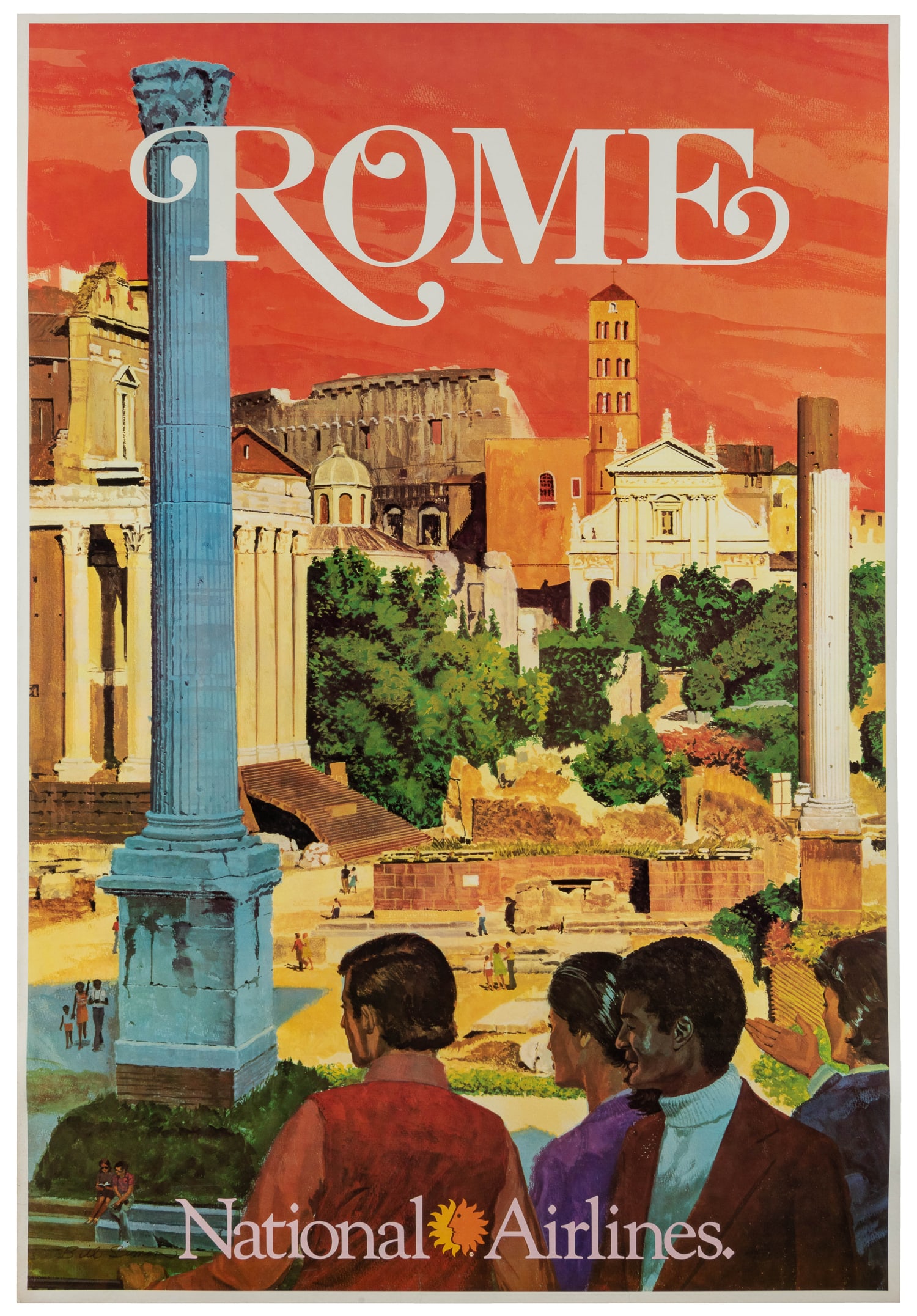 SIMON, Bill. Rome / National Airlines. Circa 1960s.: SIMON, Bill. Rome / National Airlines. Circa 1960s. Travel poster featuring a small group of people looking out and over the Roman Forum.Linen backed. 41 1/4 x 28 1/8”. 