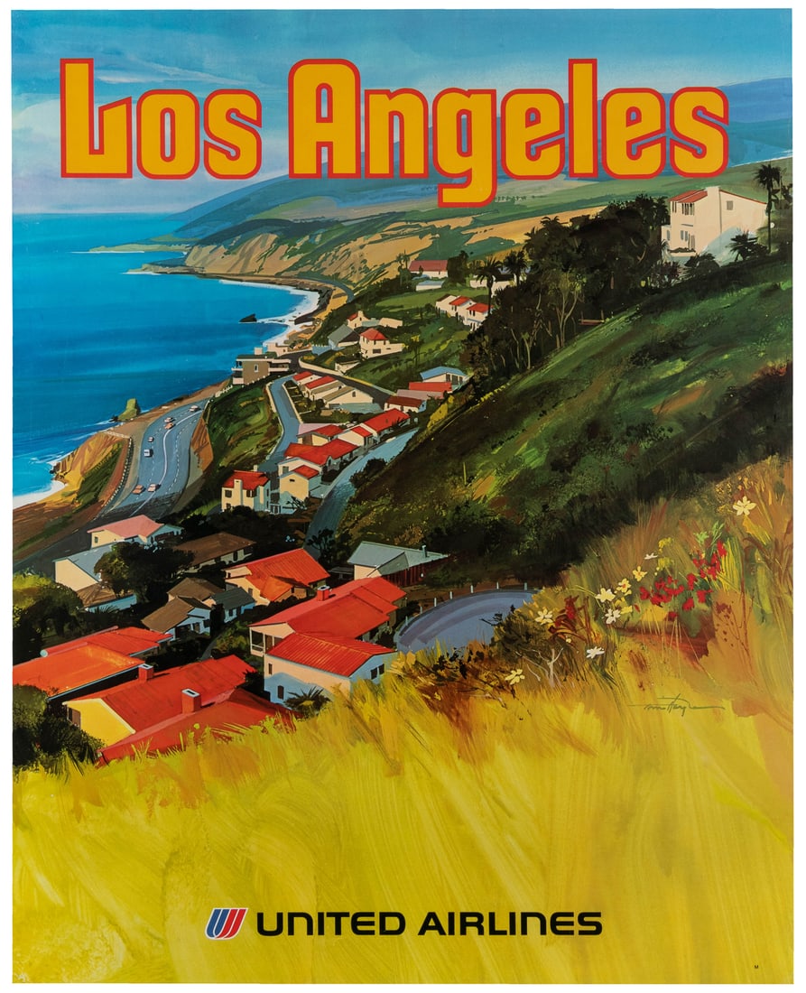 HOYNE, Tom. Los Angeles / United Airlines.: HOYNE, Tom. Los Angeles / United Airlines. 1970s. Offset lithograph travel poster with an illustration of homes near the ocean. Linen backed. 27 3/4 x 22".