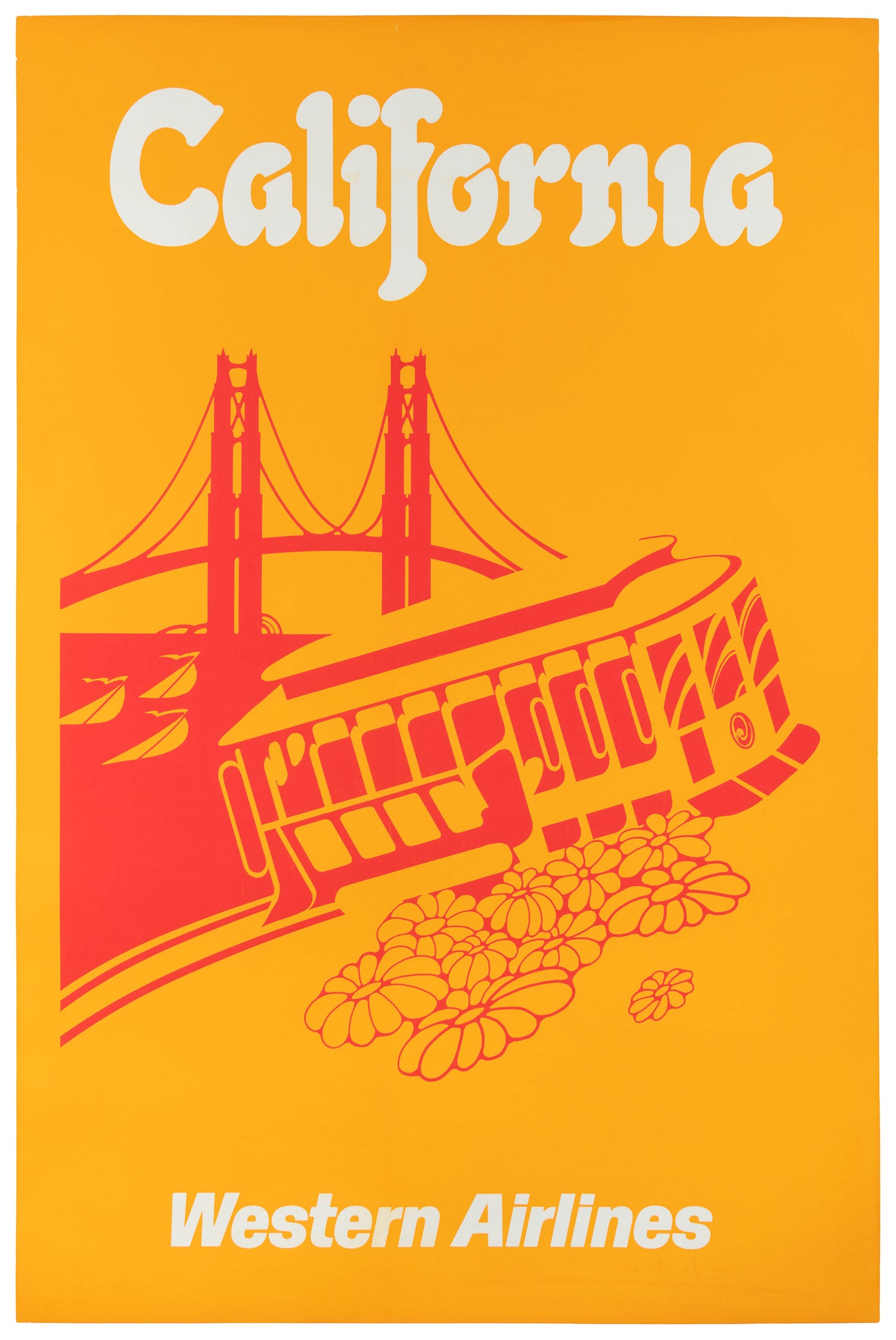 California / Western Airlines. : California / Western Airlines. Circa 1960s. A San Francisco cable car and the Golden Gate Bridge are rendered against a bright orange background. Linen backed. 37 ¾ x 25”.