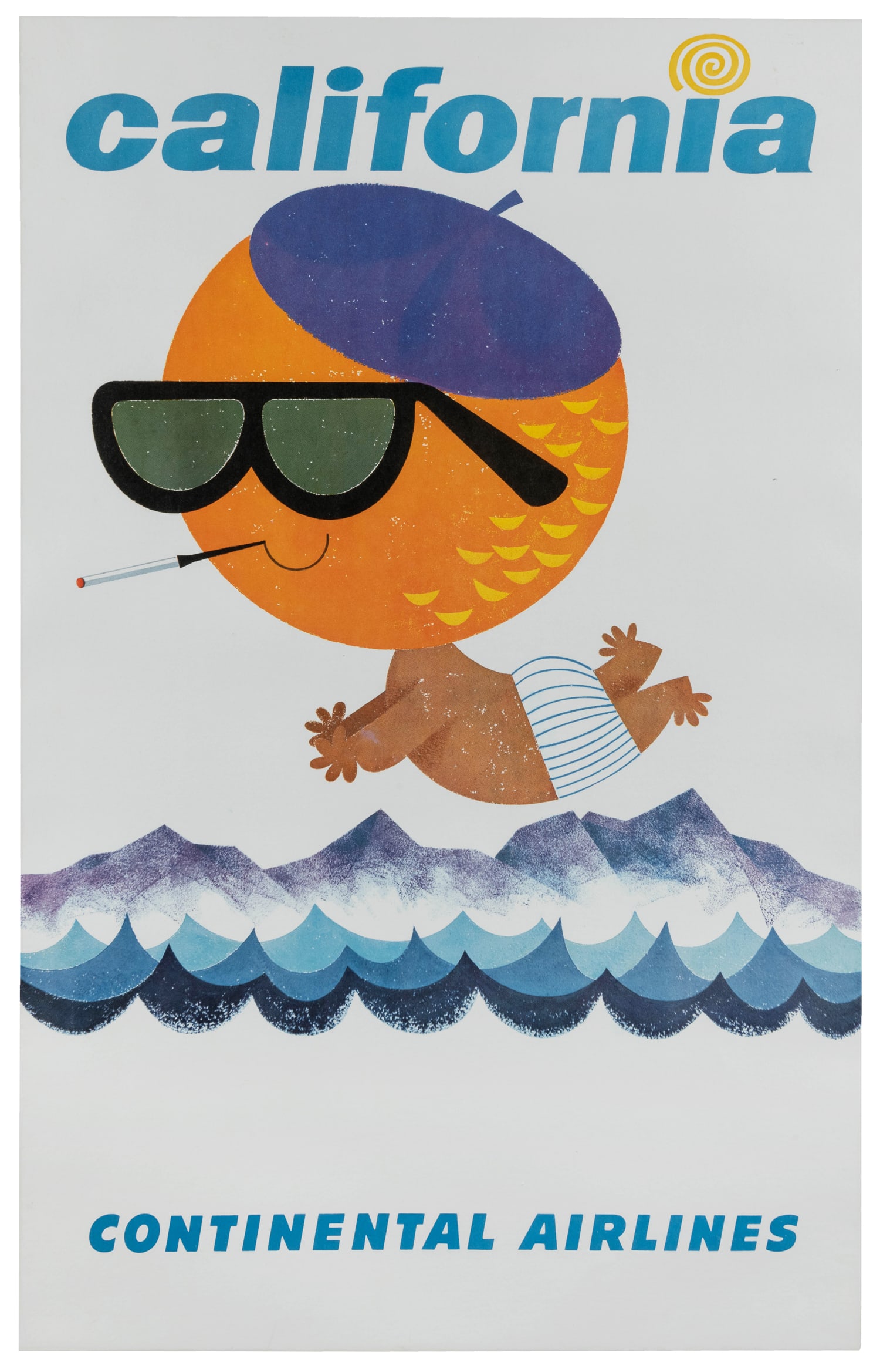 California / Continental Airlines. 1960s. : California / Continental Airlines. 1960s. A baby figure whose head is an orange hovers over the Pacific Ocean and mountains, representing Hollywood glamor and sunshine. Linen backed. 40 x 25".