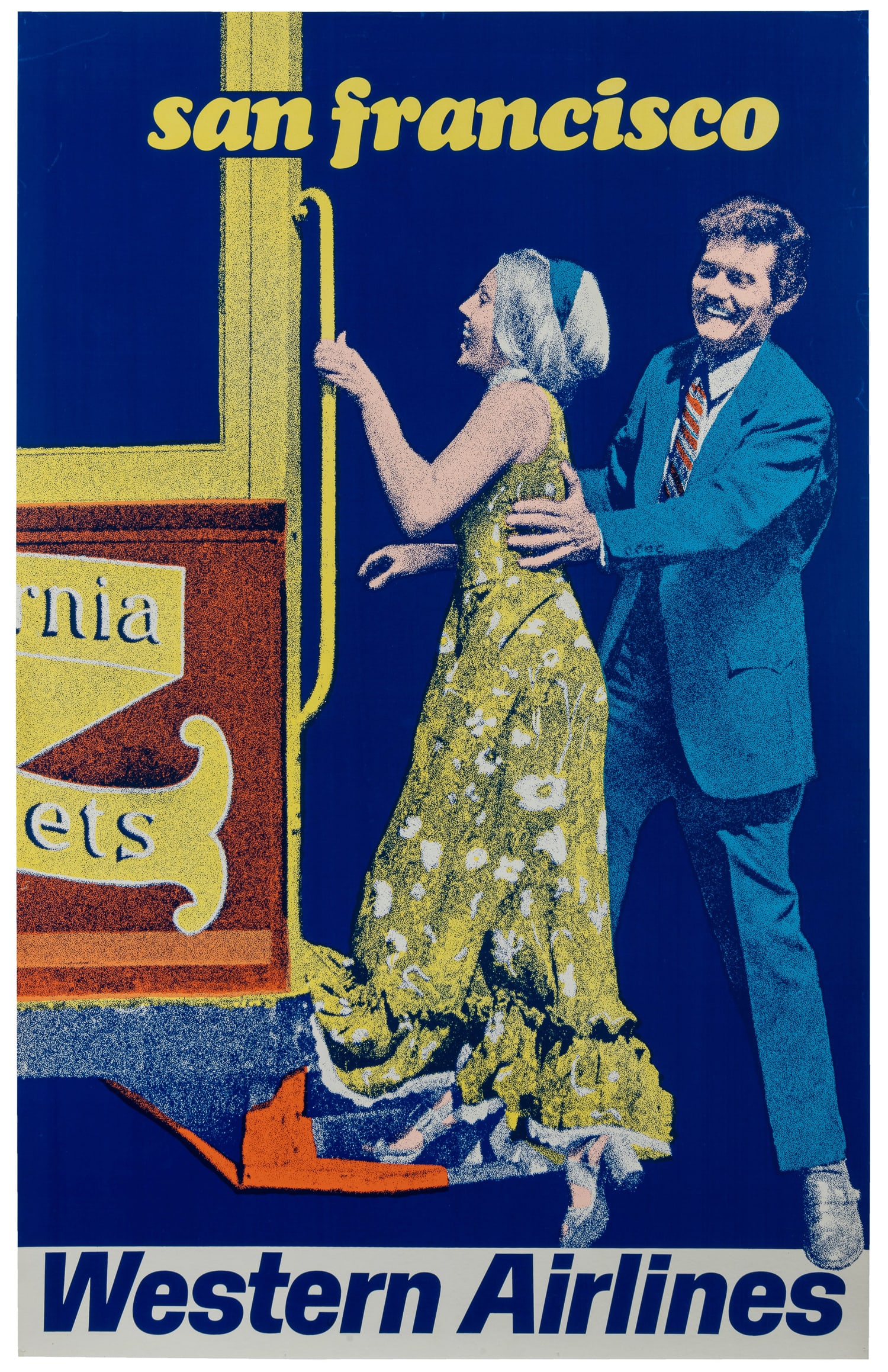 San Francisco / Western Airlines.: San Francisco / Western Airlines. Circa 1960s. Airline poster with an illustration of a couple boarding a cable car; lettering in yellow and royal blue. Linen backed. 39 x 24 3/4".