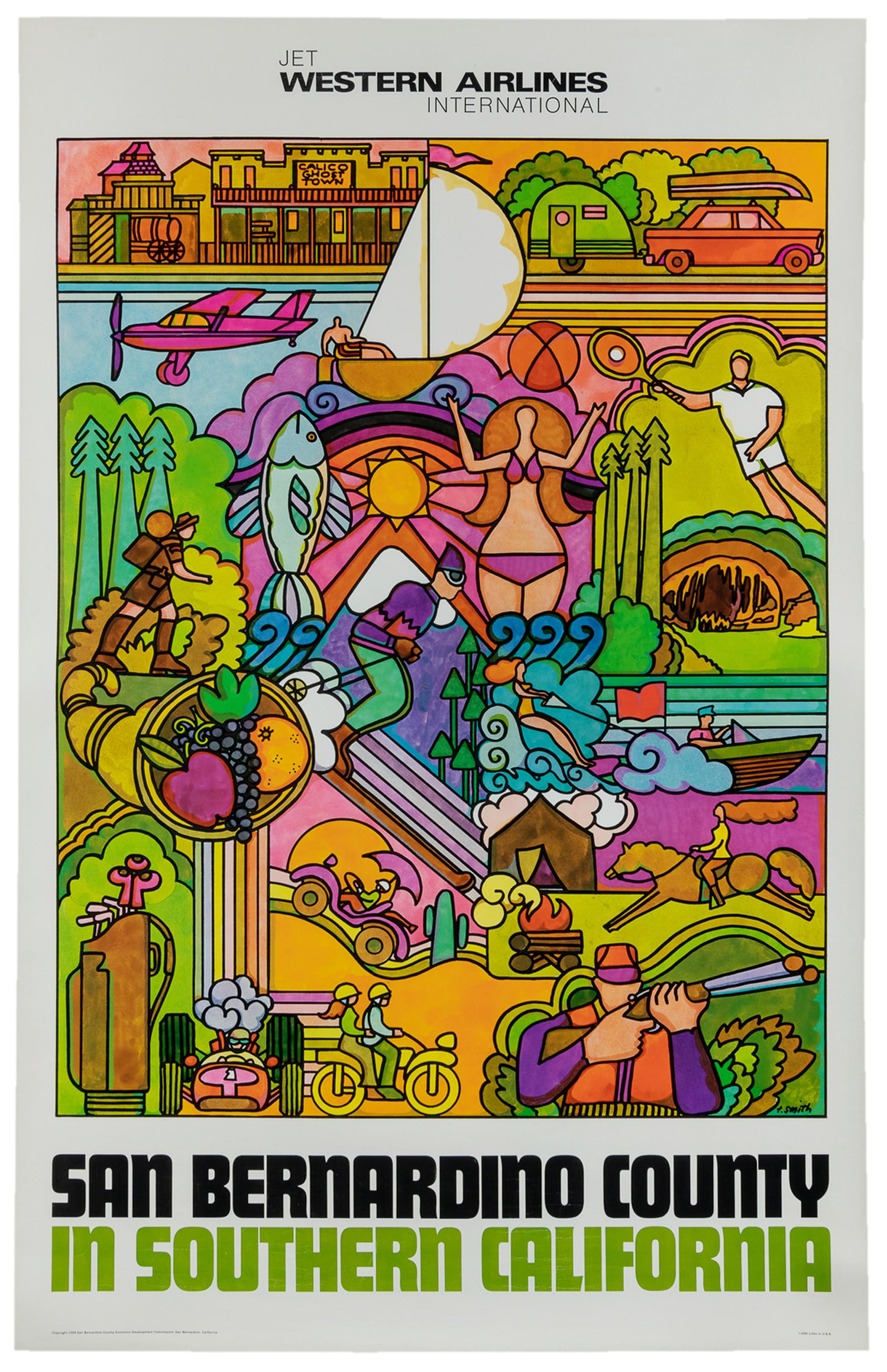 SMITH, T. San Bernardino in Southern California / Jet Western Airlines International. 1969.¬: SMITH, T. San Bernardino in Southern California / Jet Western Airlines International. 1969. Uncommon airline poster with a colorful illustration of Southern California’s many outdoors recre