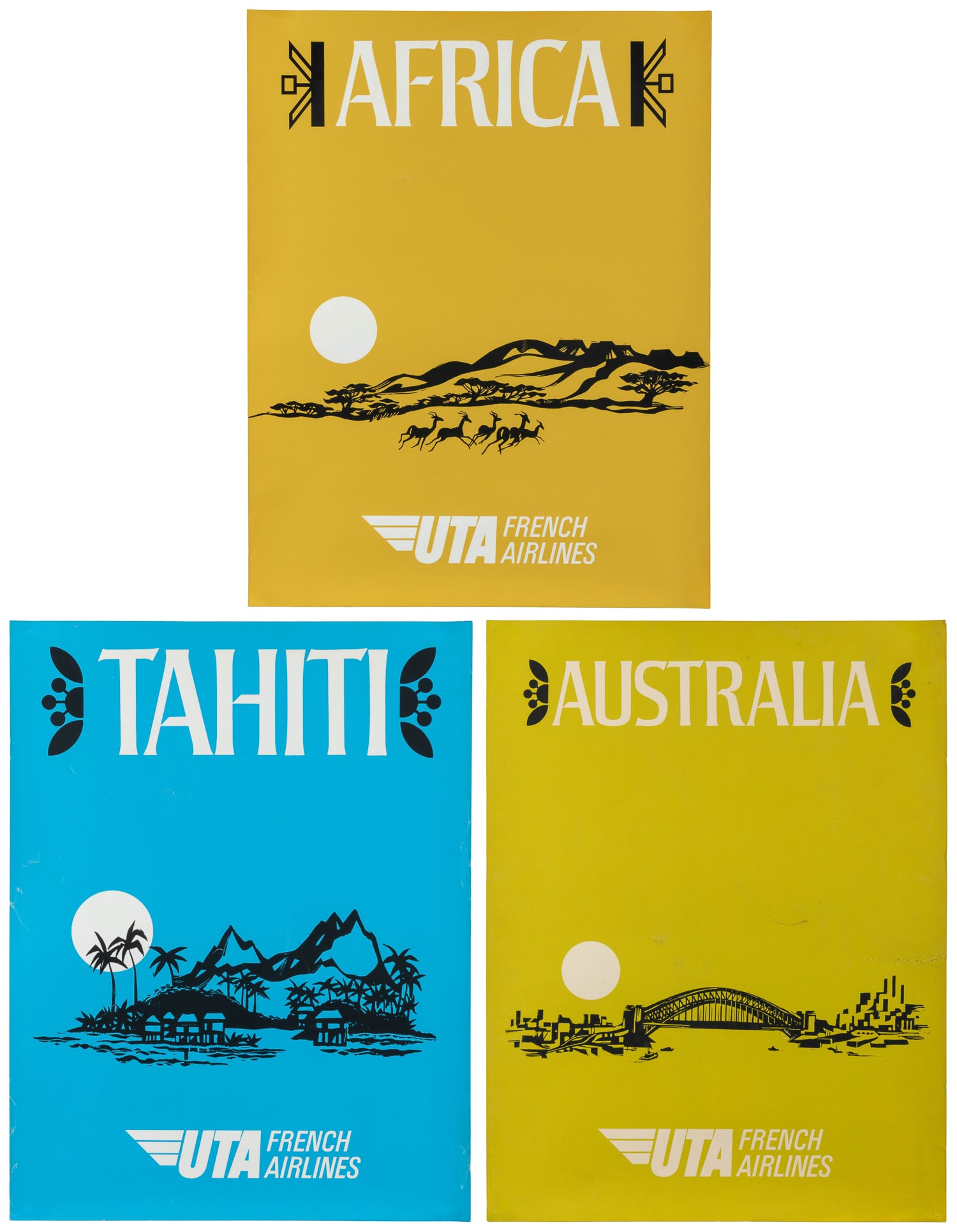 UTA (Union des Transports A√©riens), French Airlines poster trio.: UTA (Union des Transports Aériens), French Airlines Trio. 1960s. Three posters with black silhouettes of the three cities and landscapes of Africa, Tahiti, and Australia. B-/B. Scattered