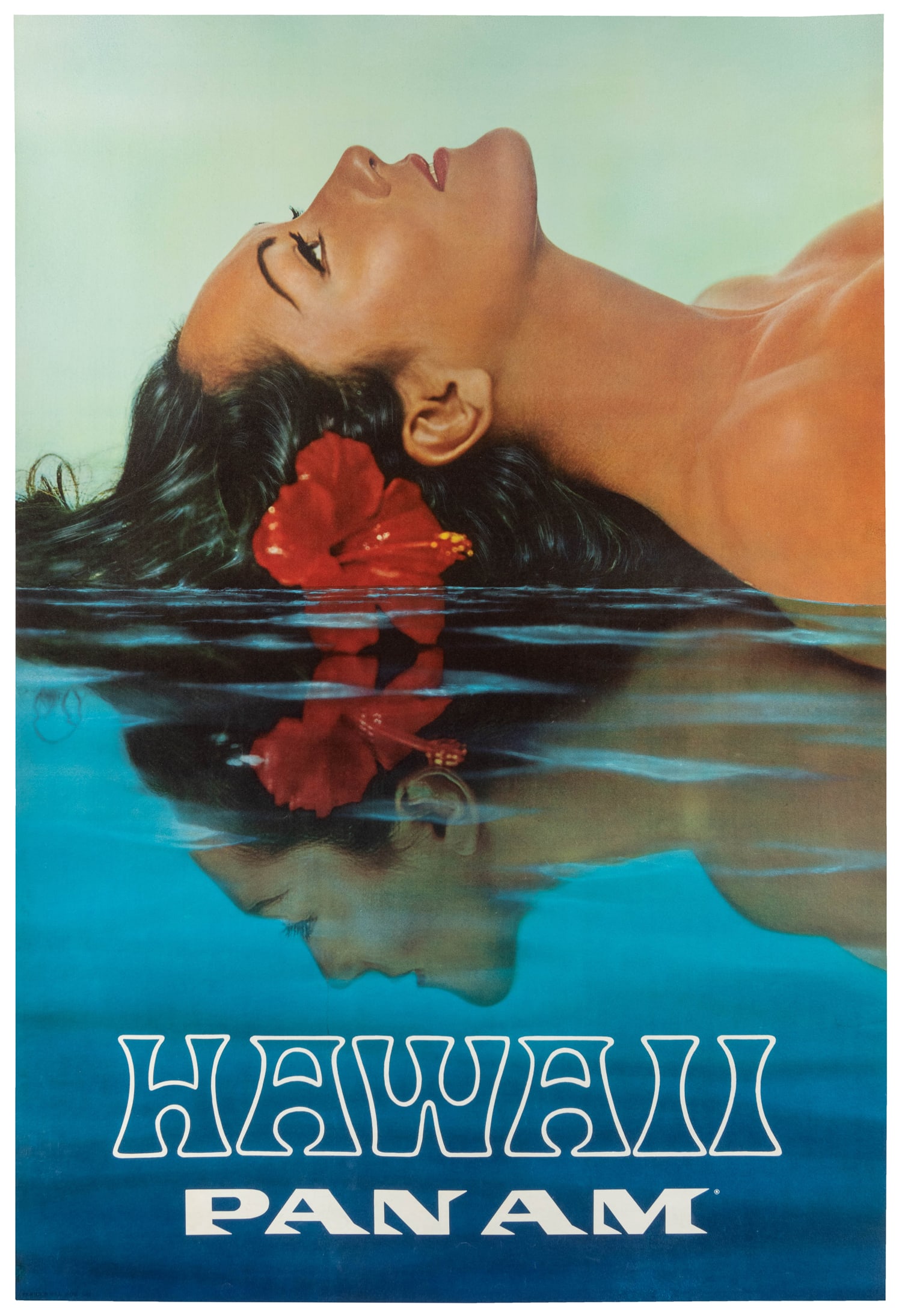 Hawaii / Pan Am. 1969.: Hawaii / Pan Am. 1969. Offset lithograph depicting a woman with a hibiscus flower in her hair lying back into Hawaiian waters, her reflection visible. Linen backed. 41 ½ x 28
