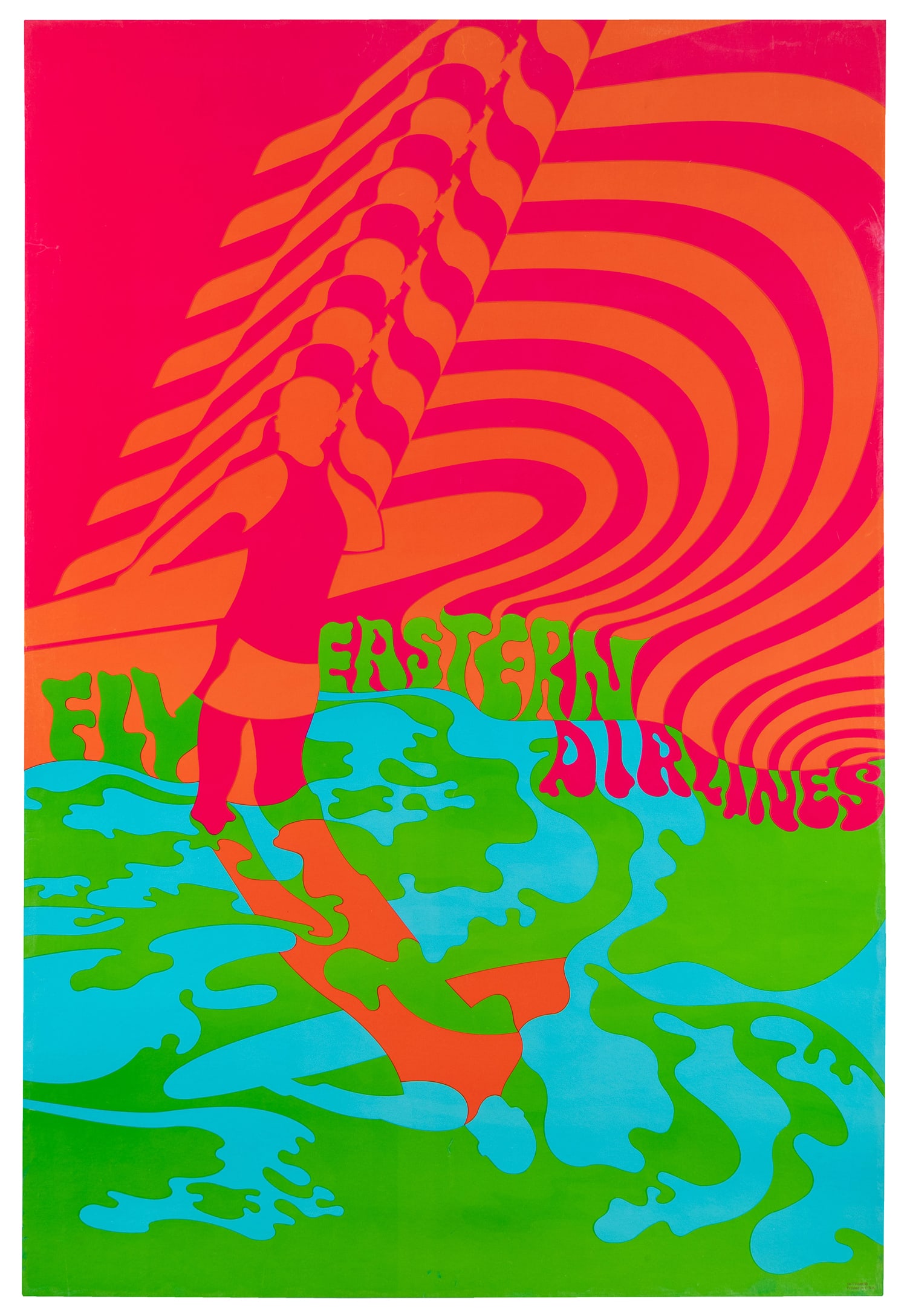 Fly Eastern Airlines. USA, 1960s.: Fly Eastern Airlines. USA, 1960s. Airline poster with a psychedelic rendering of a windsurfer.Linen backed. 35 ¾ x 24". 
