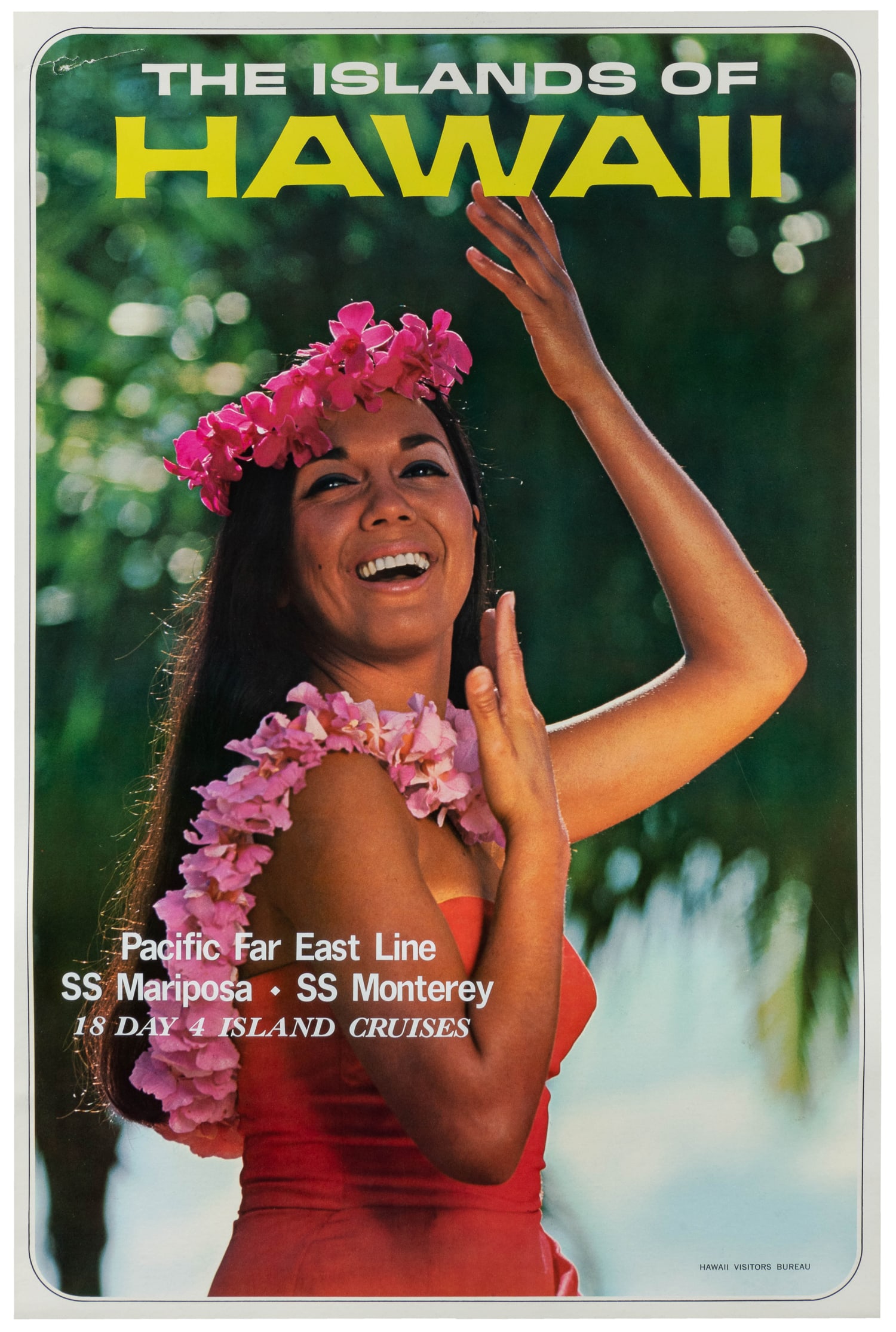 The Islands of Hawaii. Pacific Far East Line. SS Mariposa / SS Monterey. Hawaii Visitors Bureau, ca.: The Islands of Hawaii. Pacific Far East Line. SS Mariposa / SS Monterey. Hawaii Visitors Bureau, ca. 1960s. Offset lithograph travel poster advertising Hawaiian cruises. Linen backed. 36 1/2 x