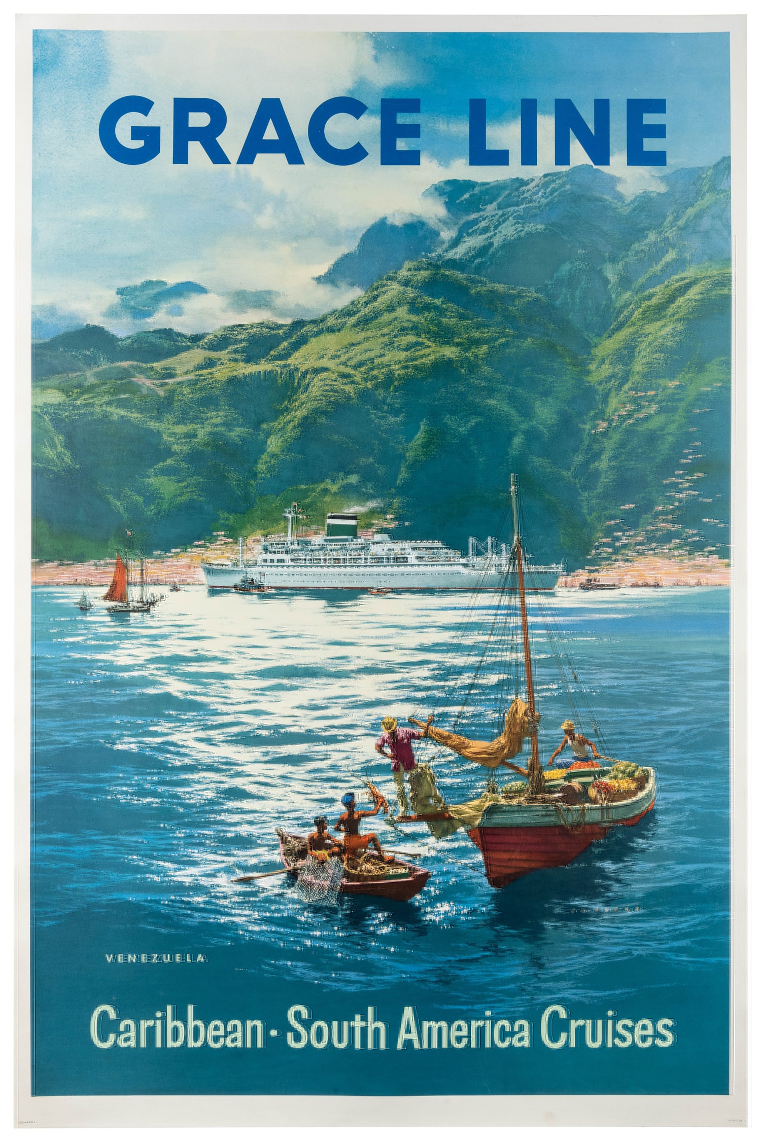 EVERS, C. G. Grace Line / Venezuela / Caribbean / South American Cruises. Circa 1950s. : EVERS, C. G. Grace Line / Venezuela / Caribbean / South American Cruises. Circa 1950s. Travel poster for the cruise line active in South America and the Caribbean, featuring a scenic view of the