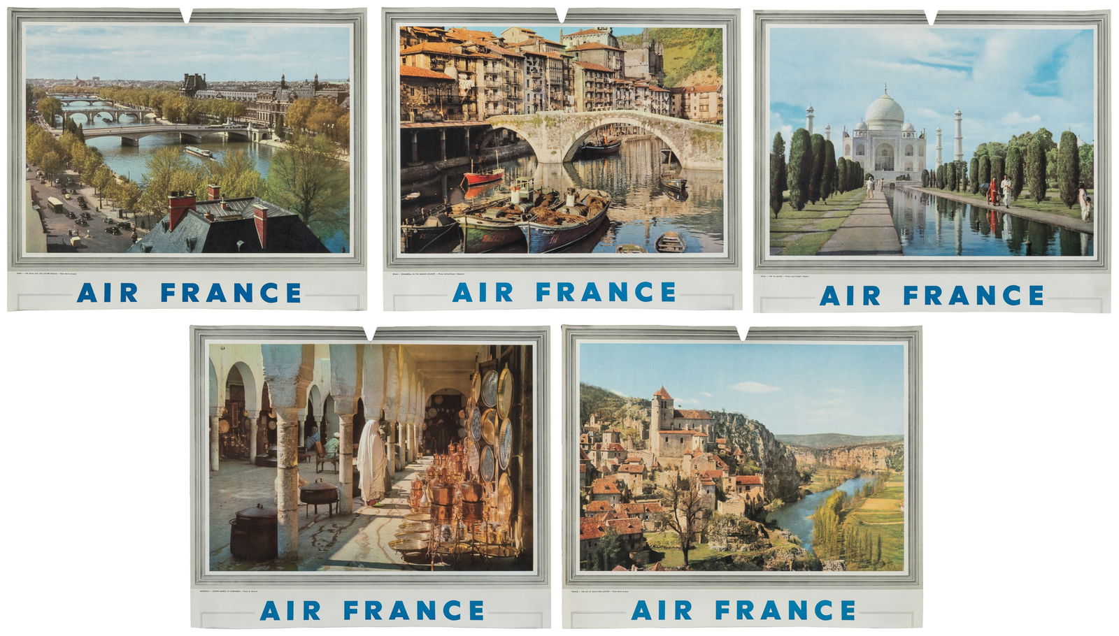 Air France. Group of 5 calendar tops.: Air France. Group of 5 calendar tops. Circa 1960s. Photo-offset calendar tops. Includes: Morocco, Spain, France, Paris, and India. Paper. Size of each 15 x 17".