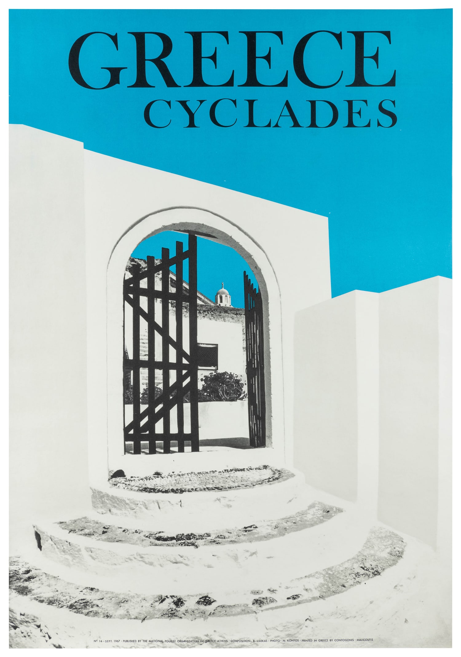 Greece / Cyclades. 1967.: Greece / Cyclades. 1967. Published by the National Tourist Organization of Greece and features a classic Greek architectural scene. Paper. 38 ½ x 25 ¾”.