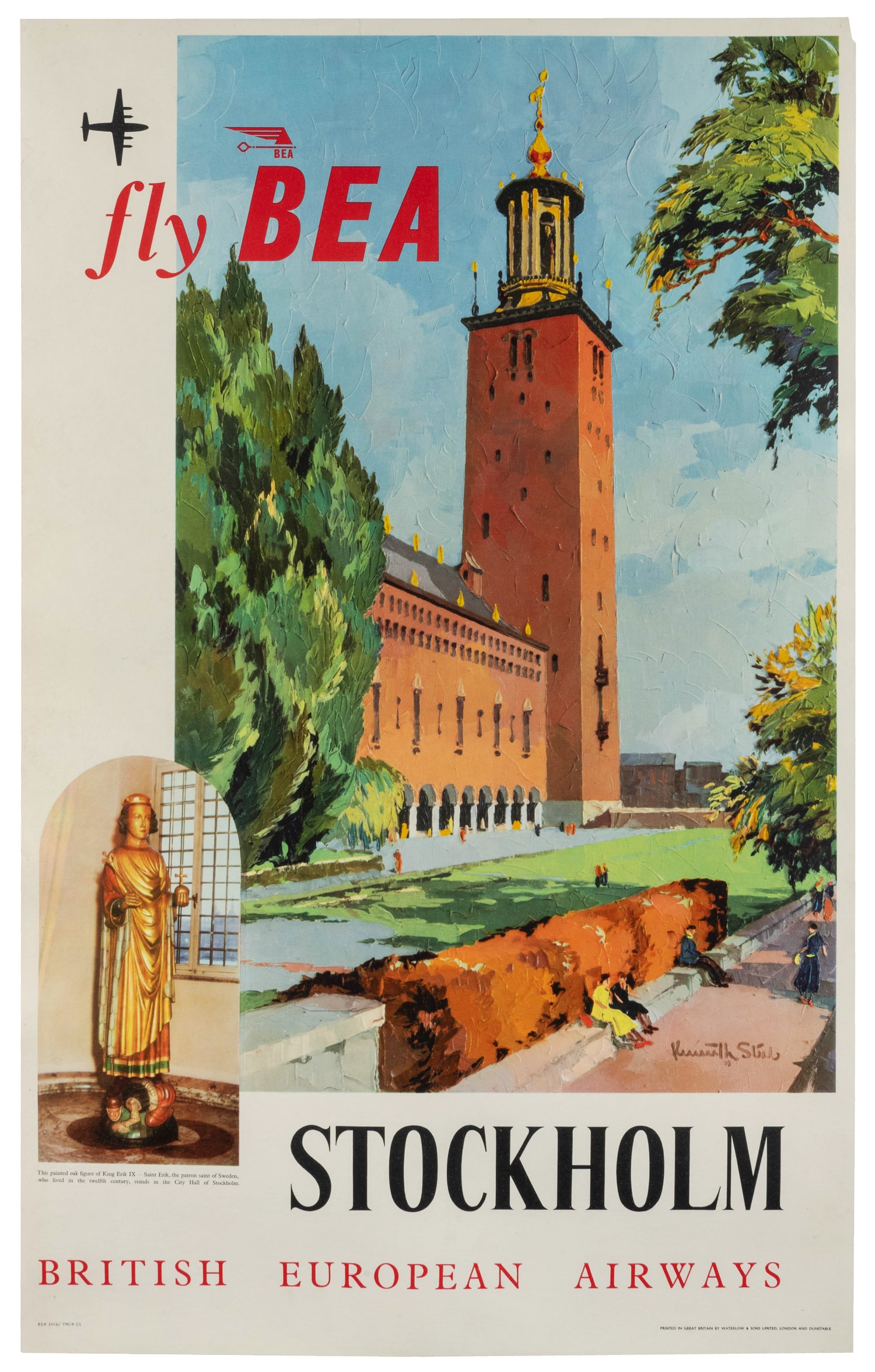 STUL, Kenneth. Fly BEA / Stockholm. 1955.: STUL, Kenneth. Fly BEA / Stockholm. 1955. London and Dunstable: Waterlow & Sons Limited. Offset lithograph airline poster with an illustration of City Hall, inset depiction of King Erik IX.&n