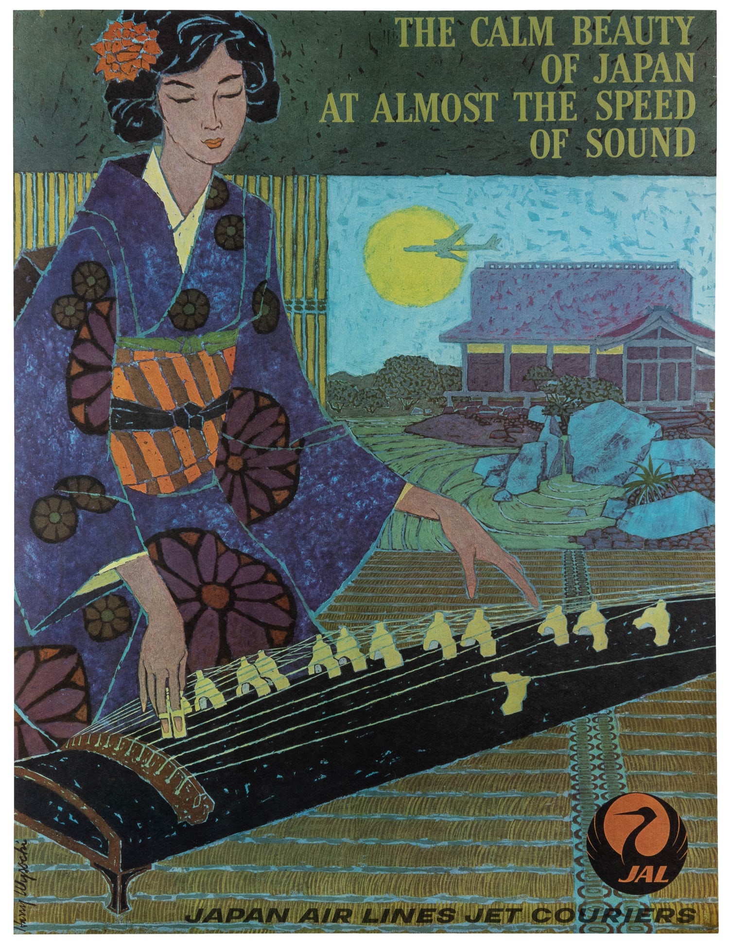 WYSOCKI, Harry. The Calm Beauty of Japan at Almost the Speed of Sound. Japan Air Lines. Circa 1960s.: WYSOCKI, Harry. The Calm Beauty of Japan at Almost the Speed of Sound. Japan Air Lines. Circa 1960s. Color offset travel poster depicting a woman playing a Japanese harp.