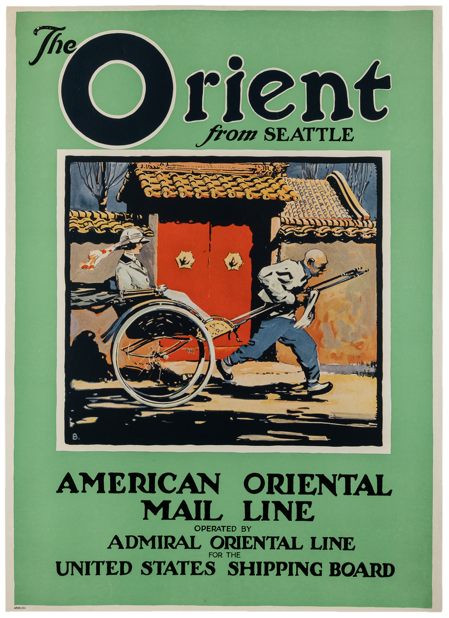 The Orient from Seattle / American Oriental Mail Line. Circa 1920s.: The Orient from Seattle / American Oriental Mail Line. Circa 1920s. Advertising poster depicting a rickshaw man pulling a Western woman, promoting the 1920s steamship service transporting passengers a