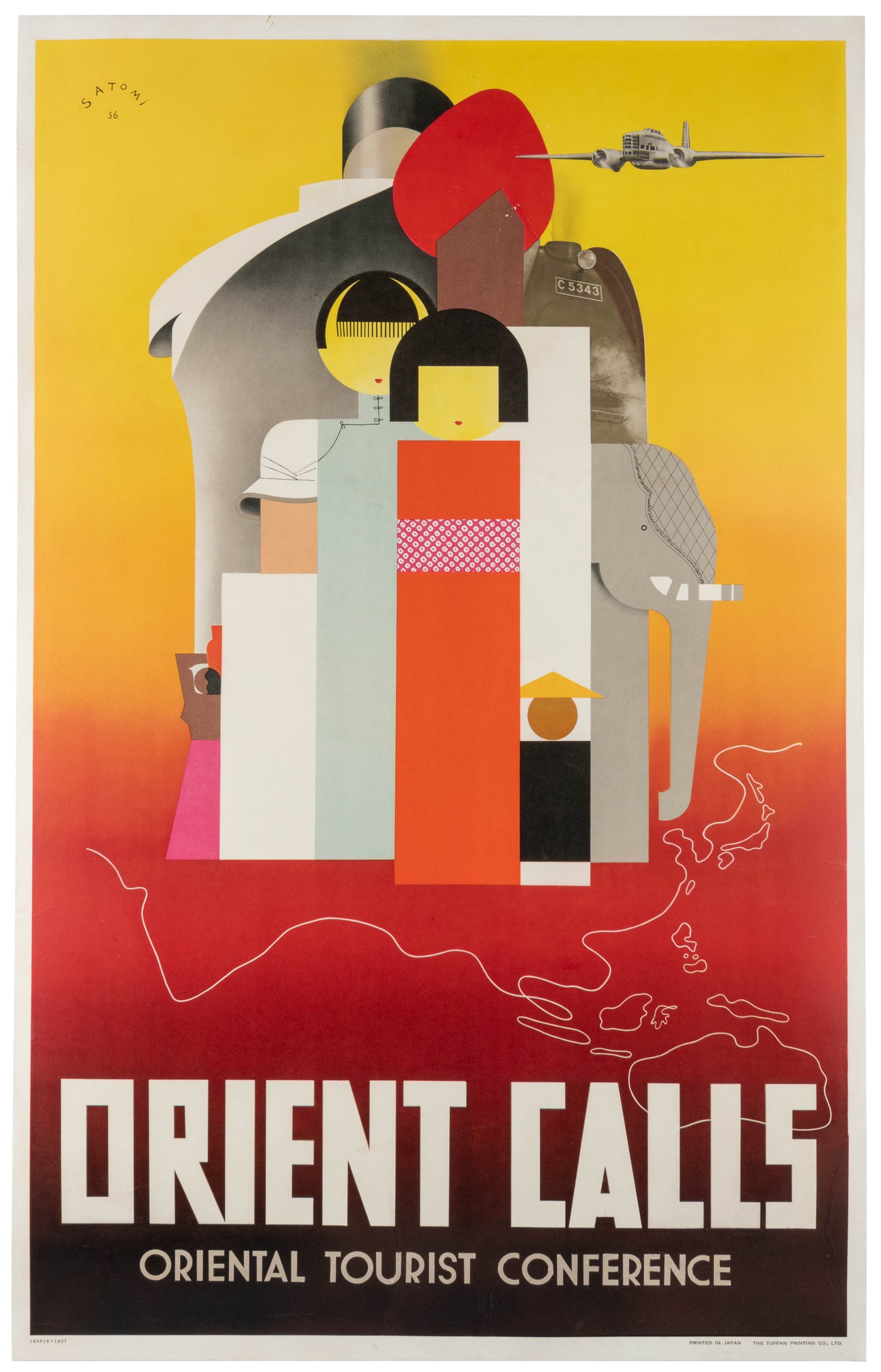 MUNETSUGU SATOMI (1904-1996). Orient Calls. 1936. : MUNETSUGU SATOMI (1904-1996). Orient Calls. 1936. Color lithograph. Oriental Tourist Conference poster promoting travel to Asia, with images of modes of transportation, a map, and stylized ethnic