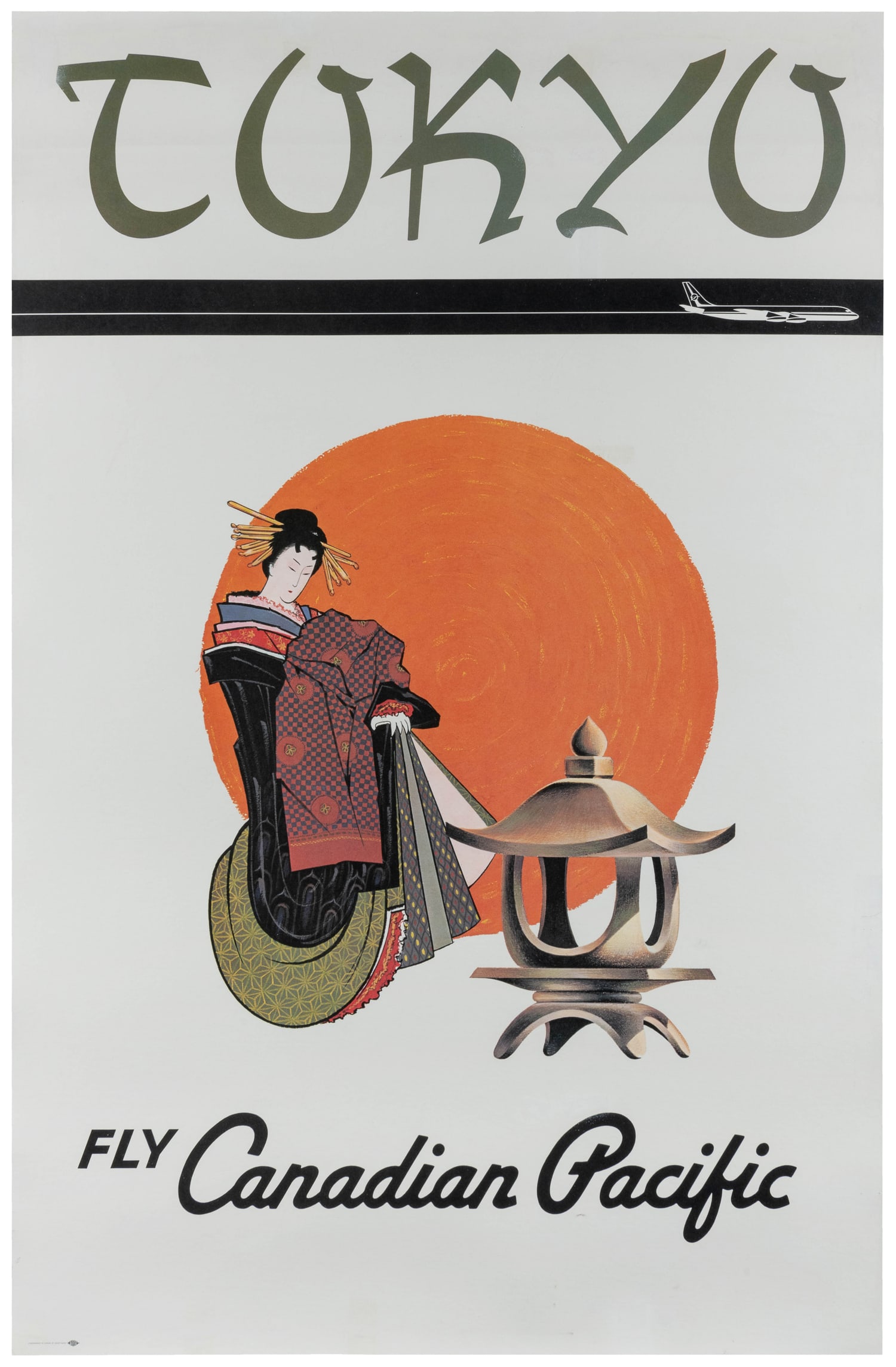 Tokyo / Fly Canadian Pacific. Circa 1960s.: Tokyo / Fly Canadian Pacific. Circa 1960s. Offset lithograph airline poster, stylized lettering in green and black. Linen backed, 35 3/4 x 23 1/2".