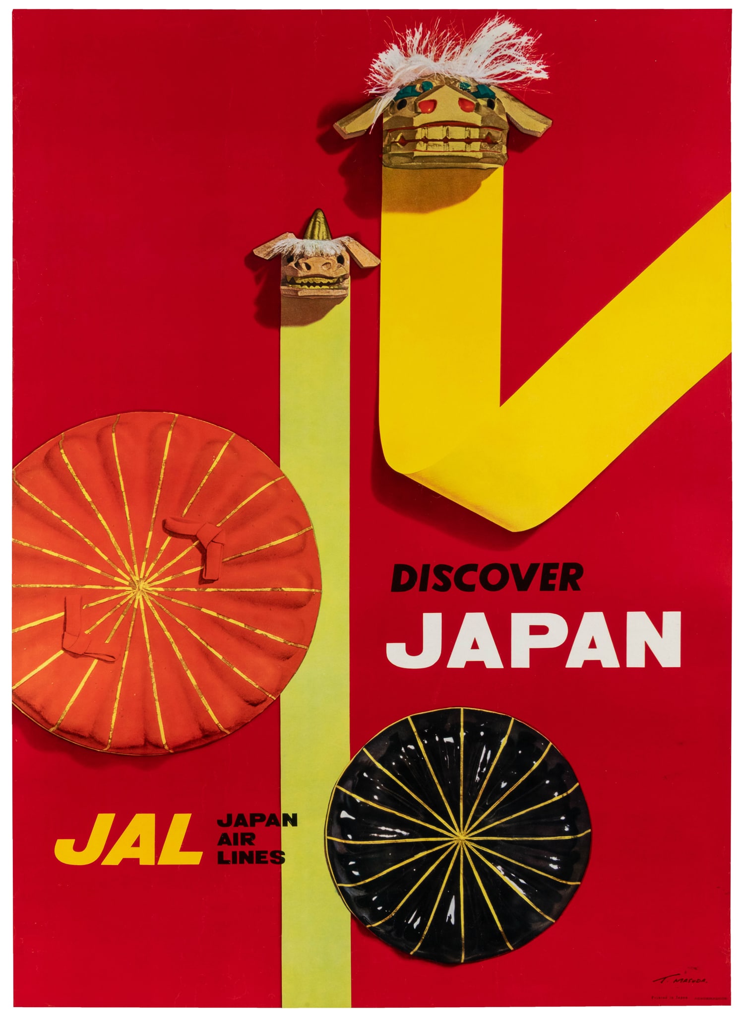 MASUDA, T. Discover Japan / Japan Air Lines.: MASUDA, T. Discover Japan / Japan Air Lines. Circa 1960s. Vibrant mid-century travel poster with the heads of lion-dogs on green and yellow ribbons, and gold-striped umbrellas. Linen backed. 40 1