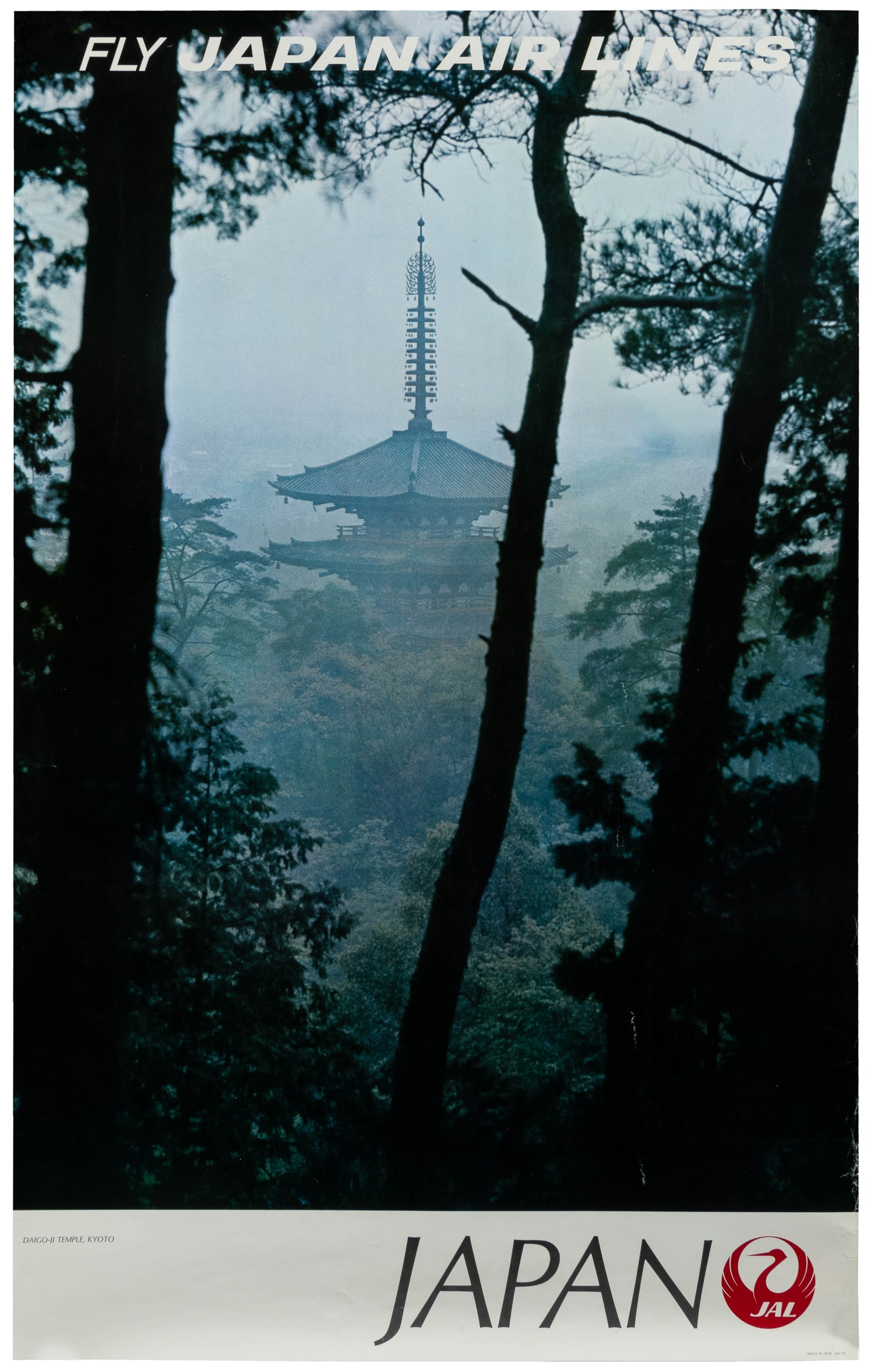 Japan Air Lines / Japan. 1969.: Japan Air Lines / Japan. 1969. Photographic airline poster with an image of Daigo-Ji Temple in Kyoto through trees. Paper. 39 1/2 x 24 1/2".