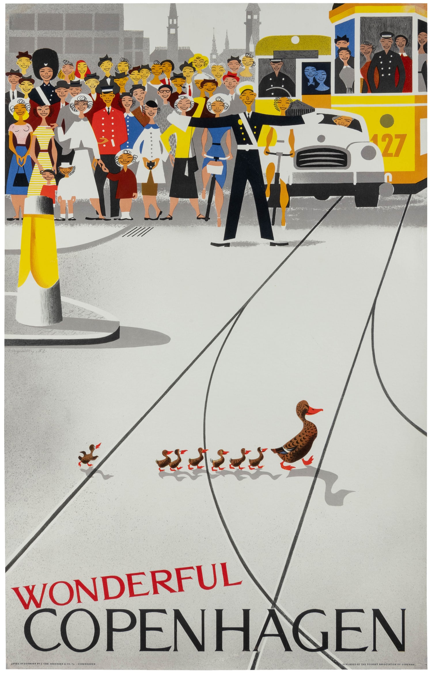 VAGNBY, Viggo (1896-1966). Wonderful Copenhagen. 1953. : VAGNBY, Viggo (1896-1966). Wonderful Copenhagen. 1953. Copenhagen: J. Chr. Sorensen. Poster published by the Tourist Association of Copenhagen, Denmark, depicting a policeman stopping automobile and p