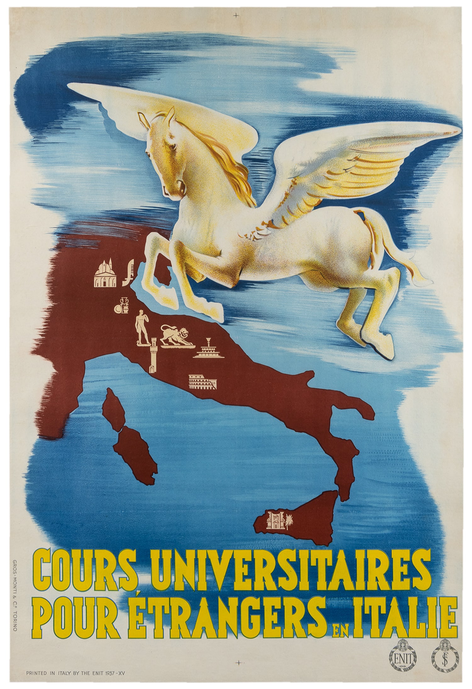 Cours Universitaire pour Etrangers en Italie. ENIT. 1937.: Cours Universitaire pour Etrangers en Italie. (University Courses for Foreigners in Italy). ENIT. (Ente Nazionale Industrie Turistiche). 1937. Color lithograph. Main image features Pegasus