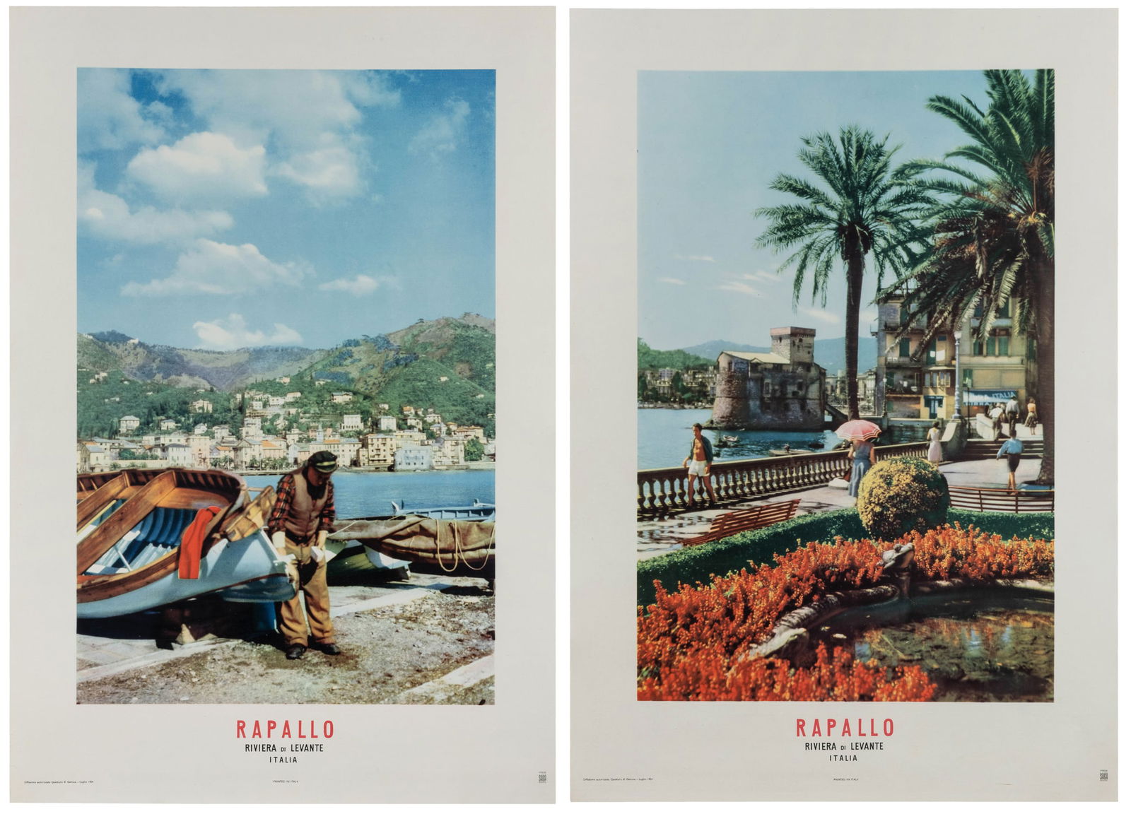 [ITALY]. Rapallo / Riviera di Levante Italia. Two posters.: [ITALY]. Rapallo / Riviera di Levante Italia. Two posters.1954. Genova: Saiga. Two tourism posters for the seaside town. Linen backed. 27 1/8 x 18 5/8". 