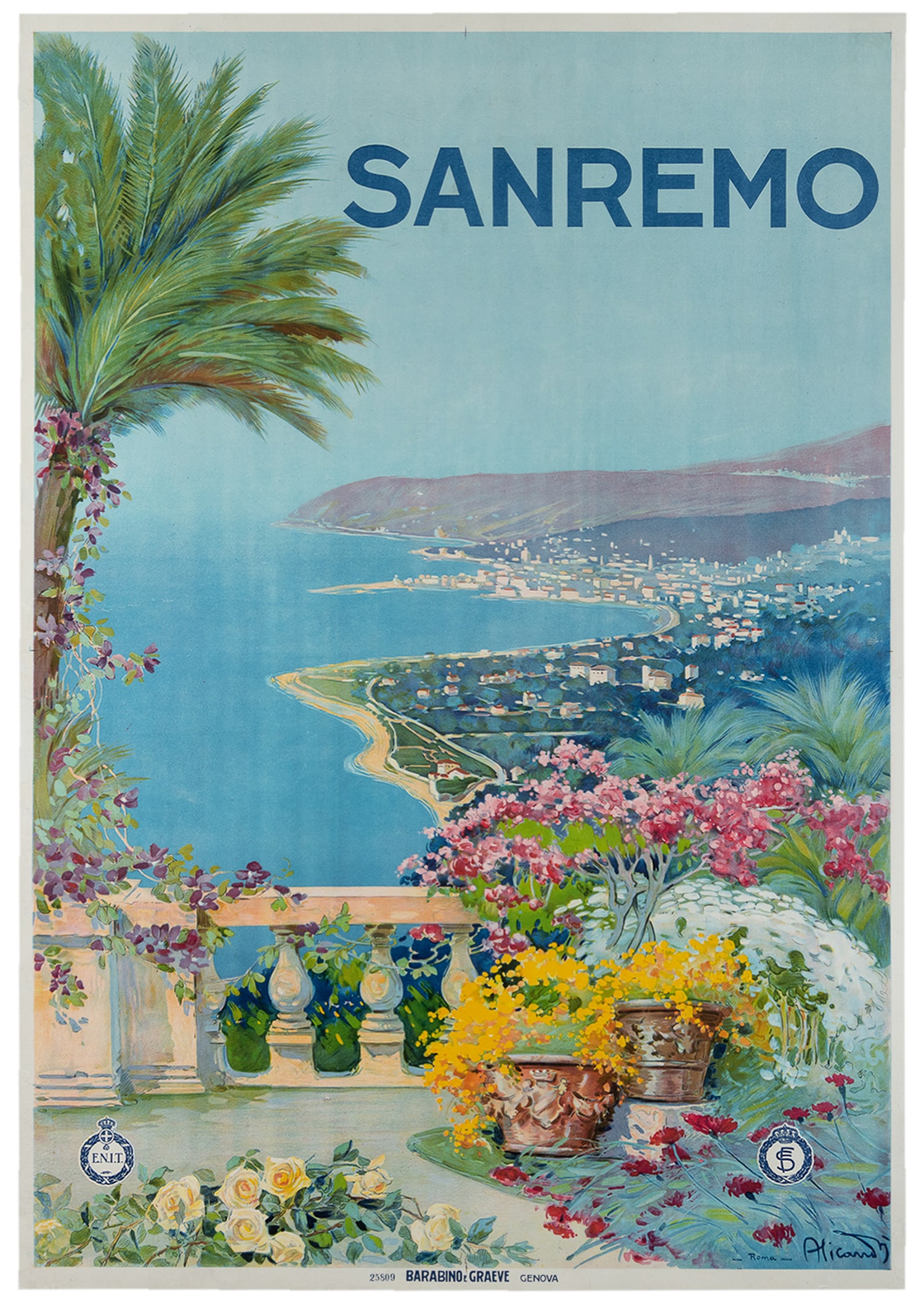 ALICANDRI, Vincenzo. (1871-1955) Sanremo. Circa 1920.: ALICANDRI, Vincenzo. (1871-1955). Sanremo. Genova: Barabino e Graeve, ca. 1920s. Color lithograph ENIT. (Ente Nazionale Industrie Turistiche) poster. Linen backed. 43 x 31".