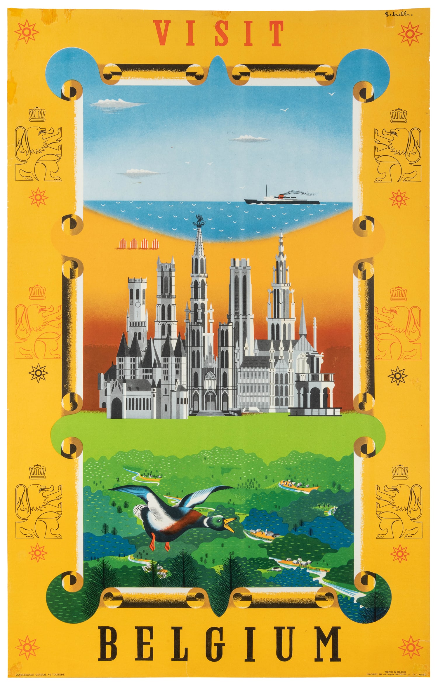 Schell, Louis (1924 - ?). Visit Belgium. Circa 1951.: Schell, Louis (1924 - ?). Visit Belgium. Circa 1951. Belgian travel poster issued by the Commissariat General Au Tourisme Government Tourism Authority. The design features a montage of images