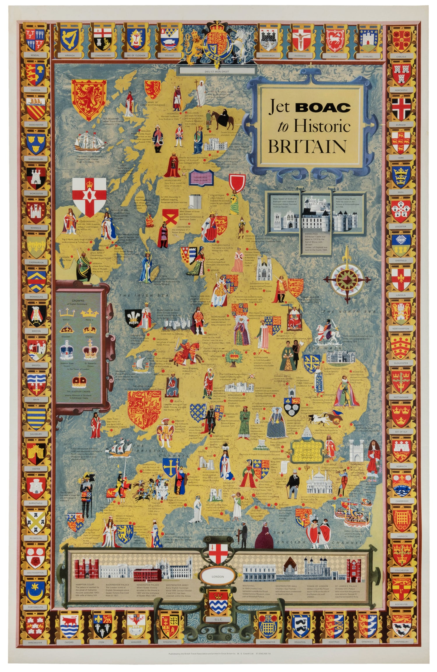 Jet BOAC To Historic Britain.: Jet BOAC To Historic Britain. Great Britain: W.S. Cowell Ltd., ca. 1960s. Pictorial airline map poster of Britain dotted with the historic rulers of each part of the country, bordered by crests of