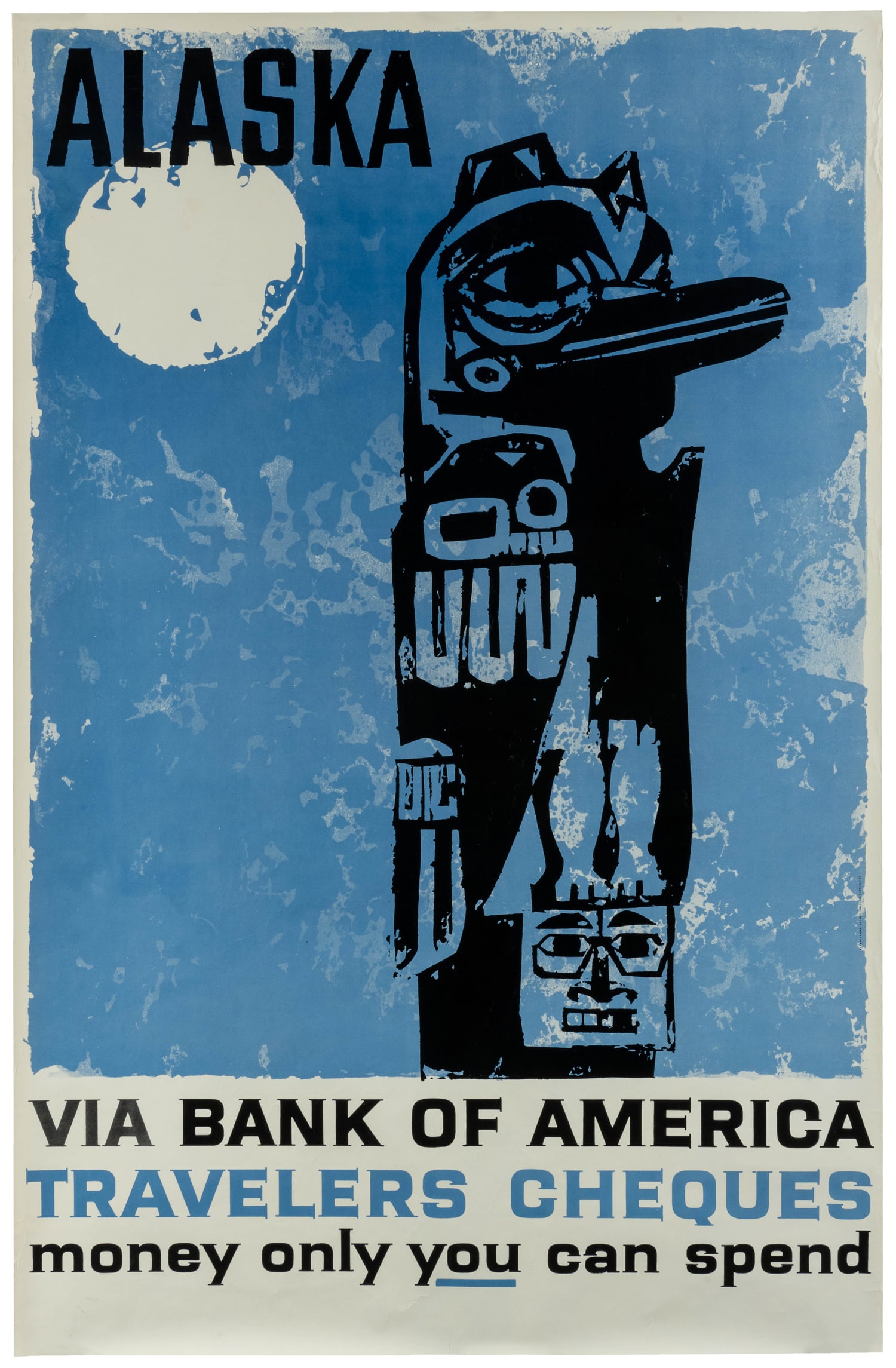 Alaska / Bank of America Travellers Cheques. Circa 1950s.: Alaska / Bank of America Travellers Cheques. Circa 1950s. Glossy color lithograph.Paper. 41 ¼ x 27 ¾”. 