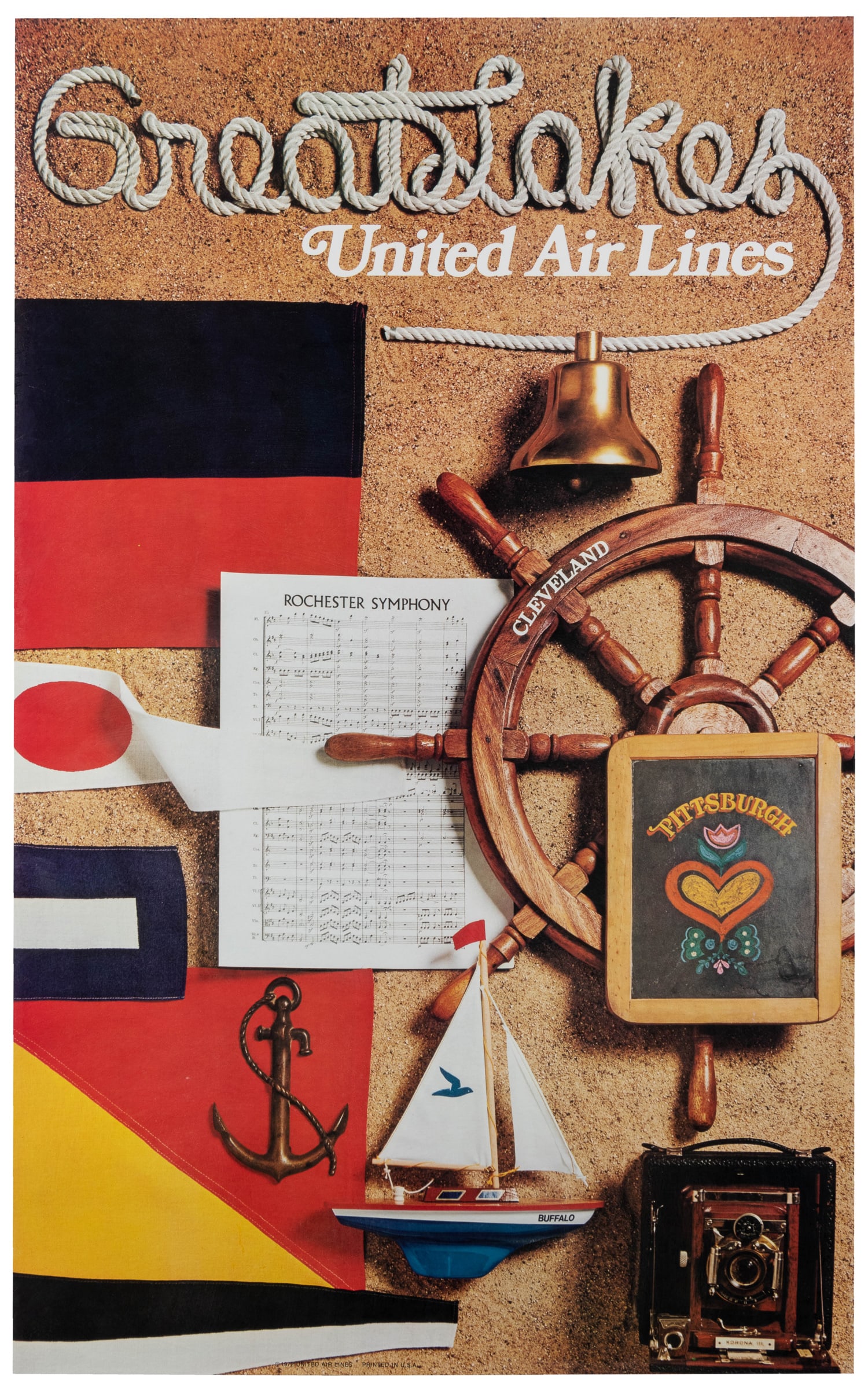 Great Lakes / United Air Lines.: Great Lakes / United Air Lines. 1972. Airline poster with a composition of objects representing travel to several Great Lakes cities: Cleveland, Pittsburgh, Buffalo, and Rochester. Linen