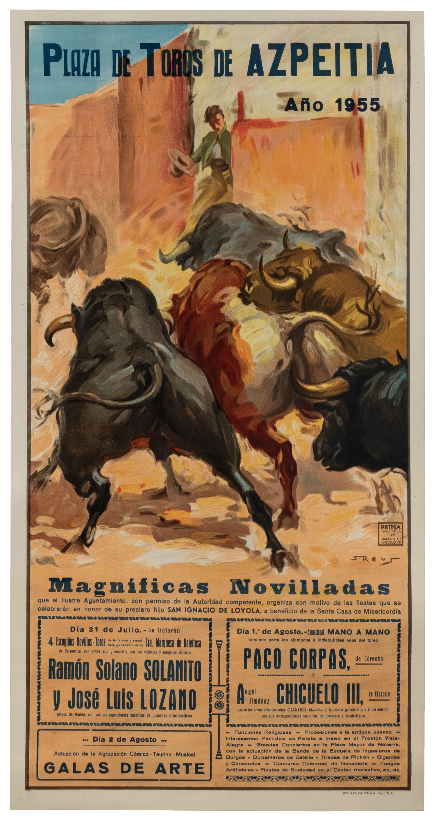 REUS, Jose (1912 - 2003). Plaza de Toros de Azpeitia. 1955.: REUS, Jose (1912 - 2003). Plaza de Toros de Azpeitia. 1955. Valencia: Ortega. Offset lithograph Spanish bullfighting poster. Linen backed. 41 1/4 x 21 1/4".